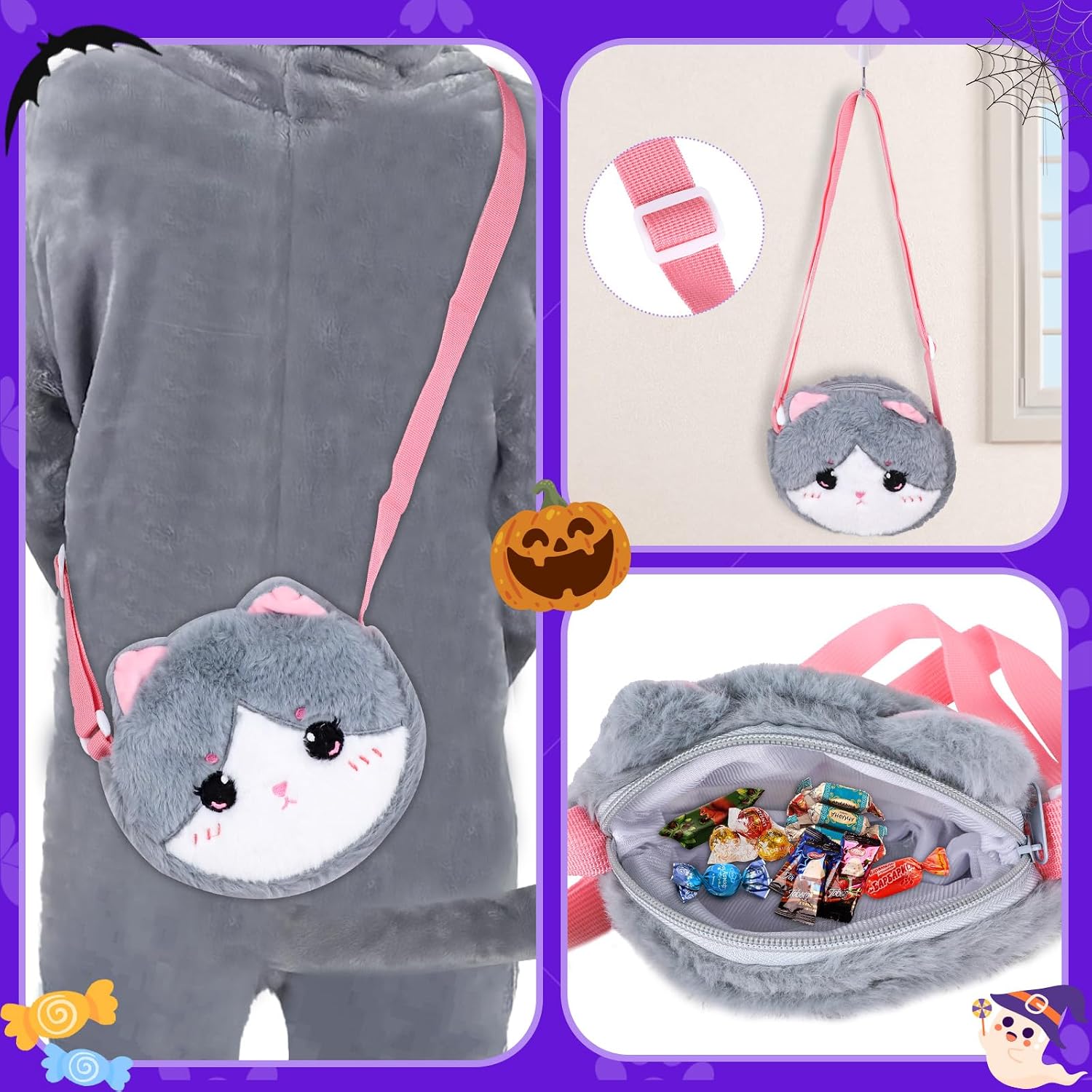 Detalle 2 de Gifts2U Halloween Cat Costume for Girls, 5–6 Years, Flannel Onesie & Bag