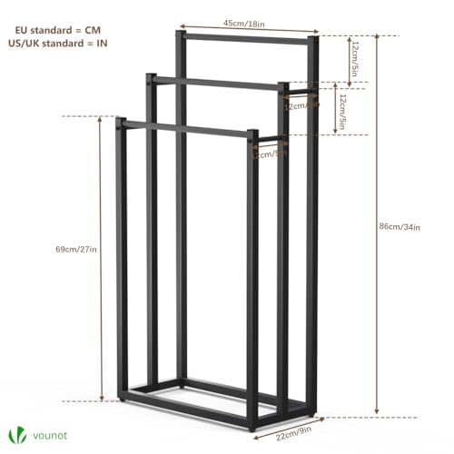 Detalle de VOUNOT Porta Asciugamani Bagno da Terra con 3 Bracci, Nero, 45x22x86 cm