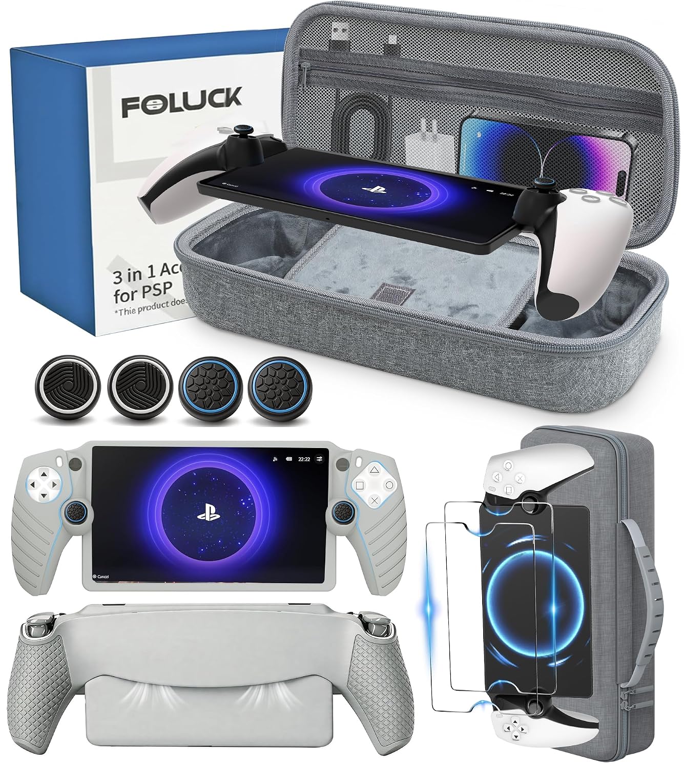 Detalle de Foluck 3 in 1 Accessory Set for PlayStation Portal: EVA Case, Silicone Skin, Screen Protectors & More