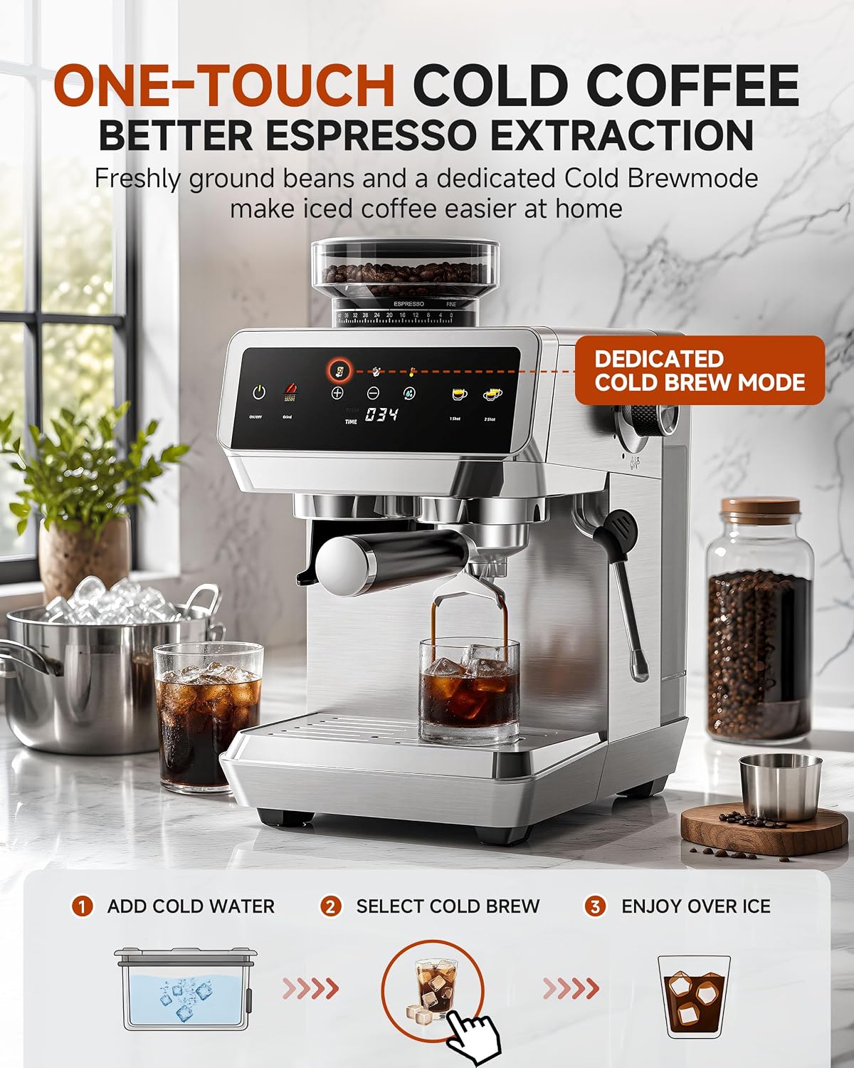 Detalle 1 de AMZCHEF CM1626 Espresso Machine with Grinder, 44 Settings, Touchscreen