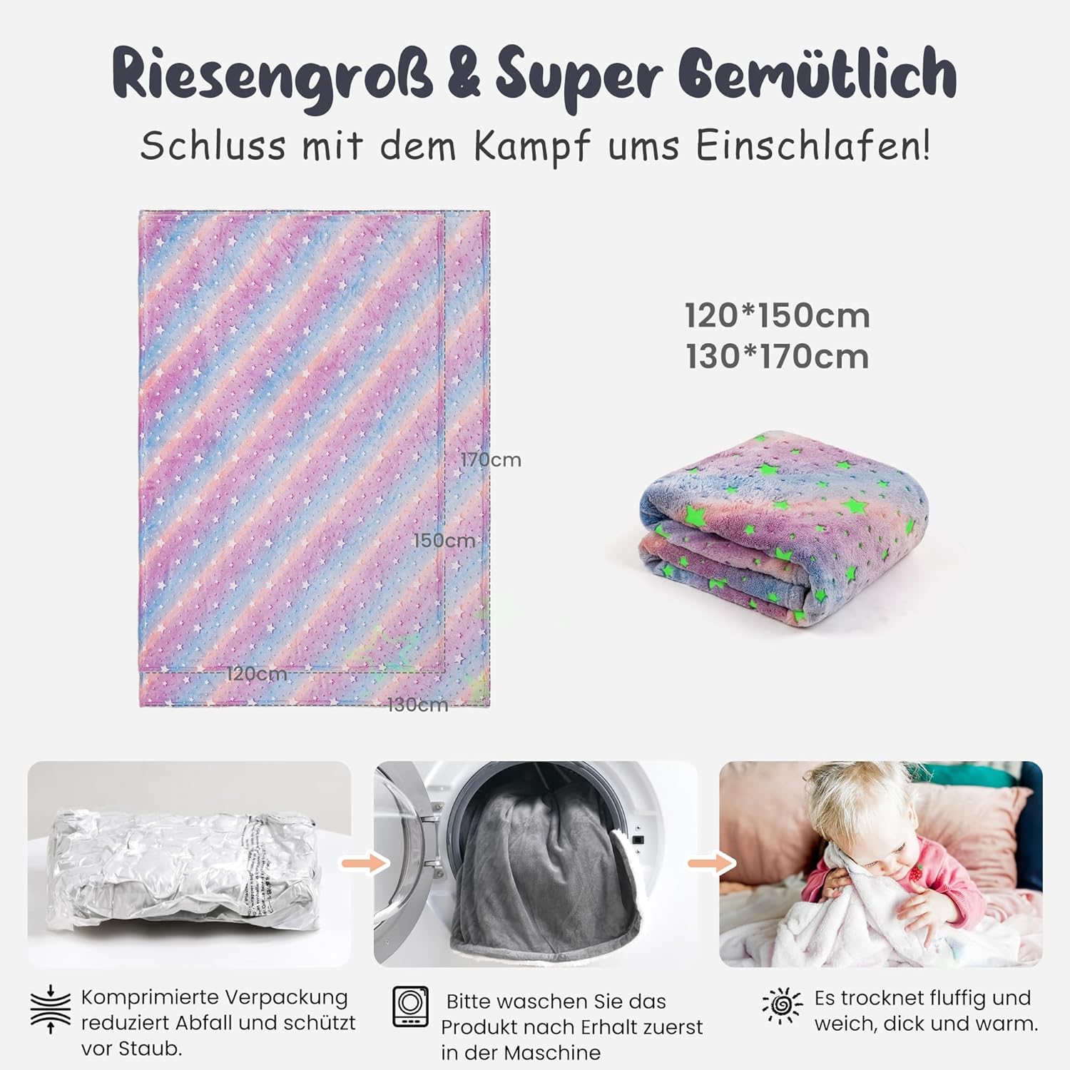 Thumbnail 5 de Winthome Kuscheldecke für Mädchen – Glow-in-the-Dark Kinderdecke (Stern, 130×170 cm)