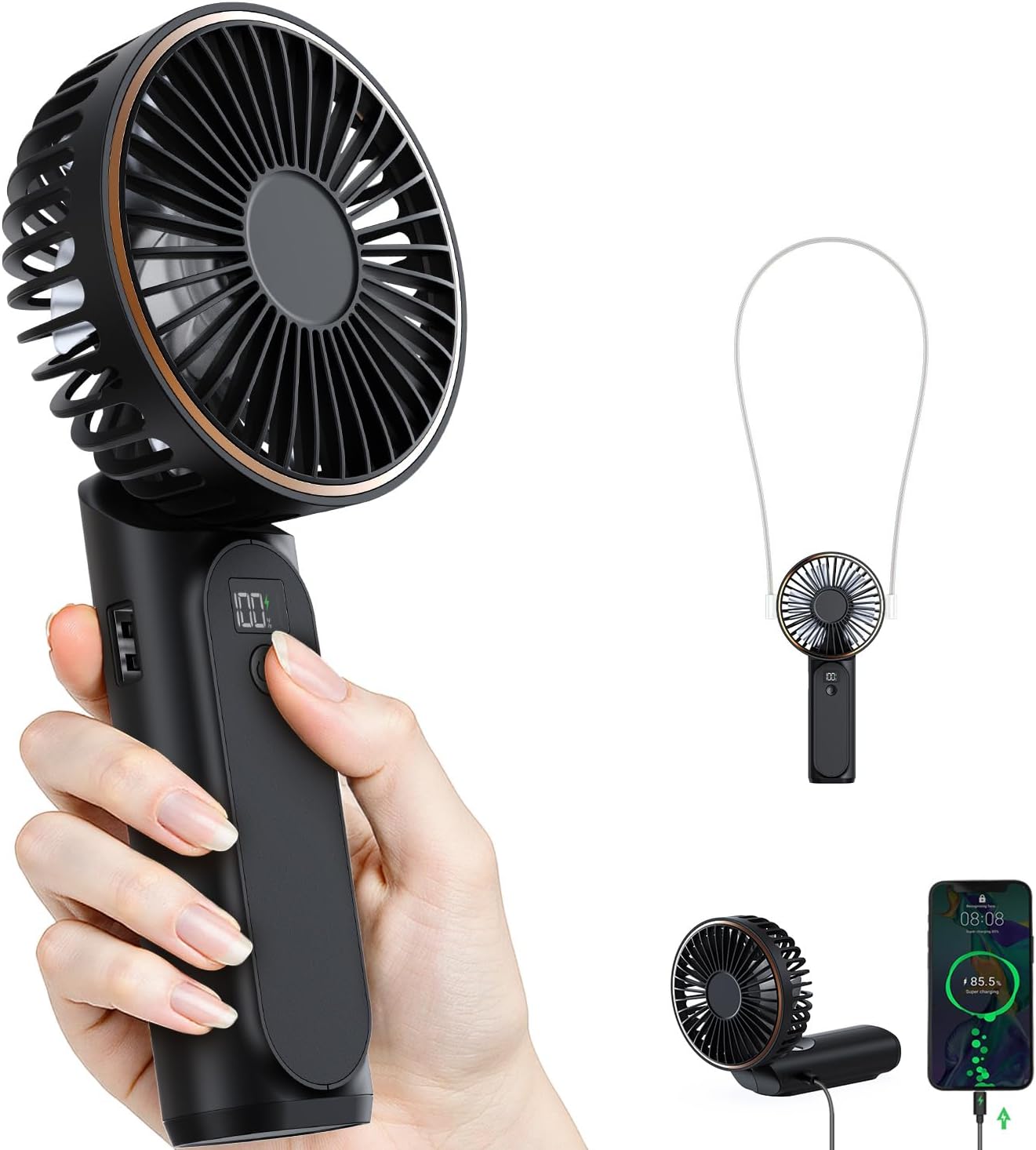 Detalle de TUNISE TUNISE Portable Handheld Fan (Rechargeable, 4000mAh, 6 Speeds, Quiet Under 15 dB) with Real-Time Battery Display