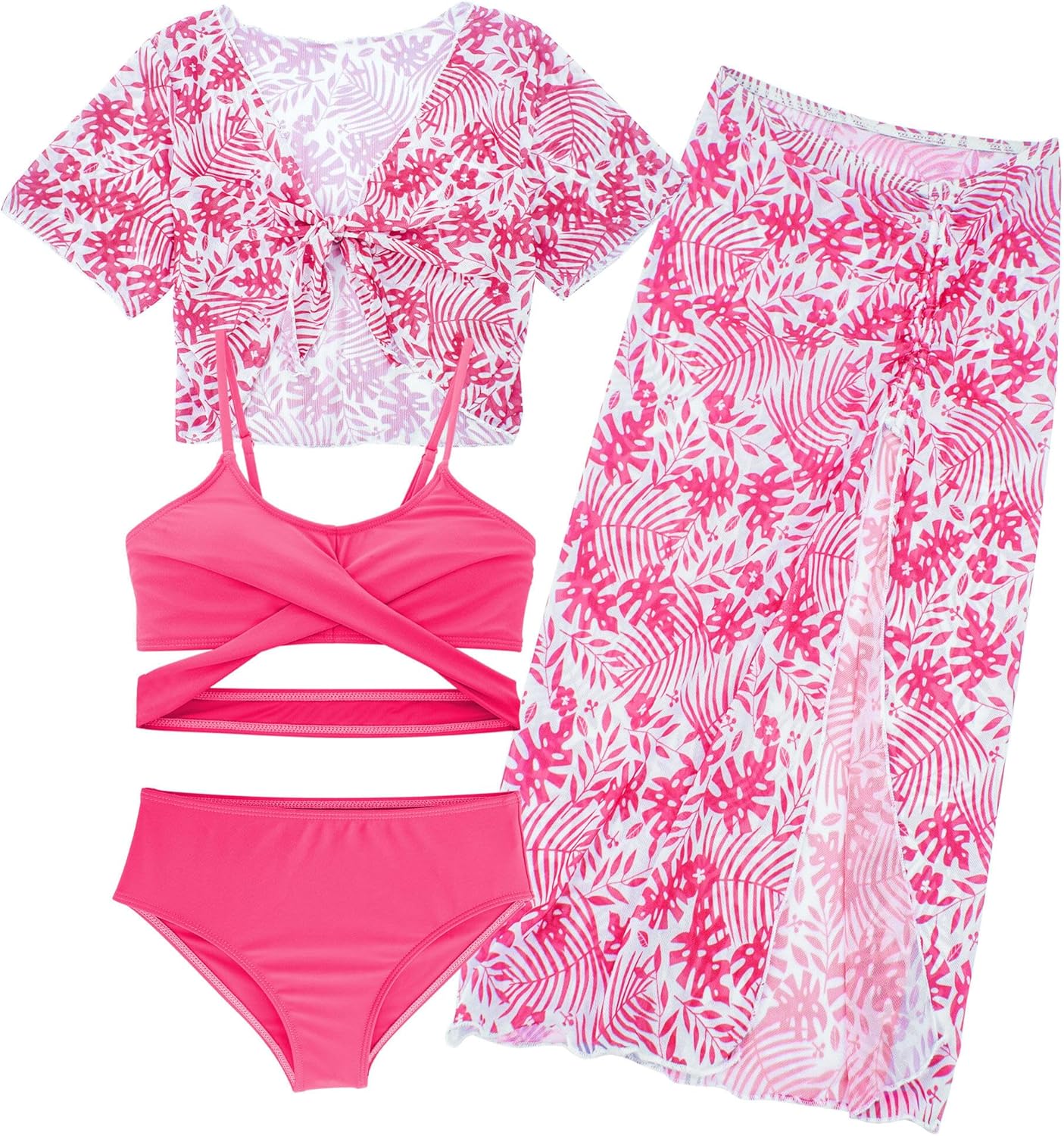 Thumbnail 5 de Happy Cherry Girls 4-Piece Bikini Set with Kimono Cover-Up for Hawaiian Beach