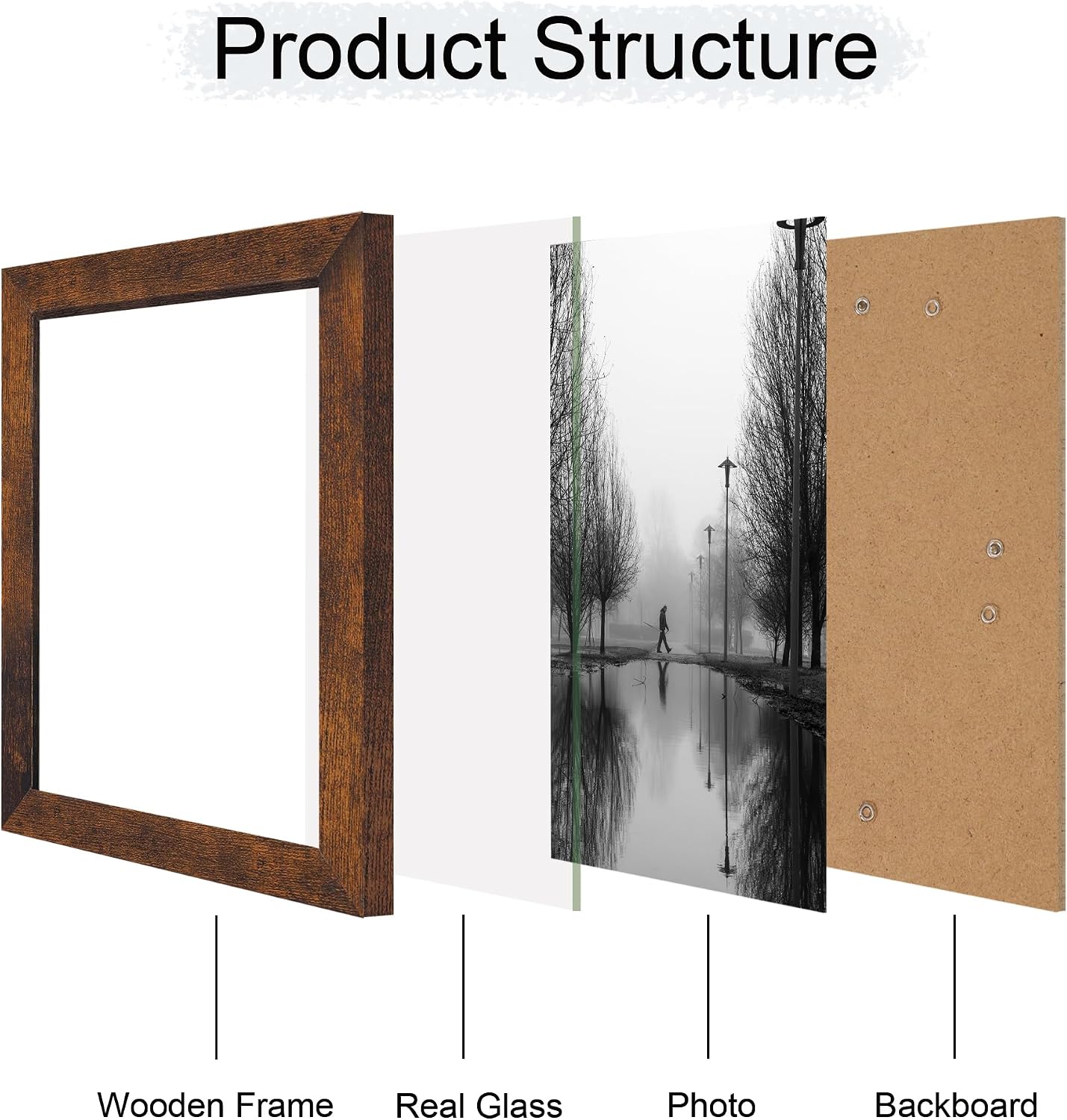 Thumbnail 2 de iRahmen 8.5x11 Picture Frame Set of 4 (Real Glass Rustic Frame) for Wall or Tabletop Display