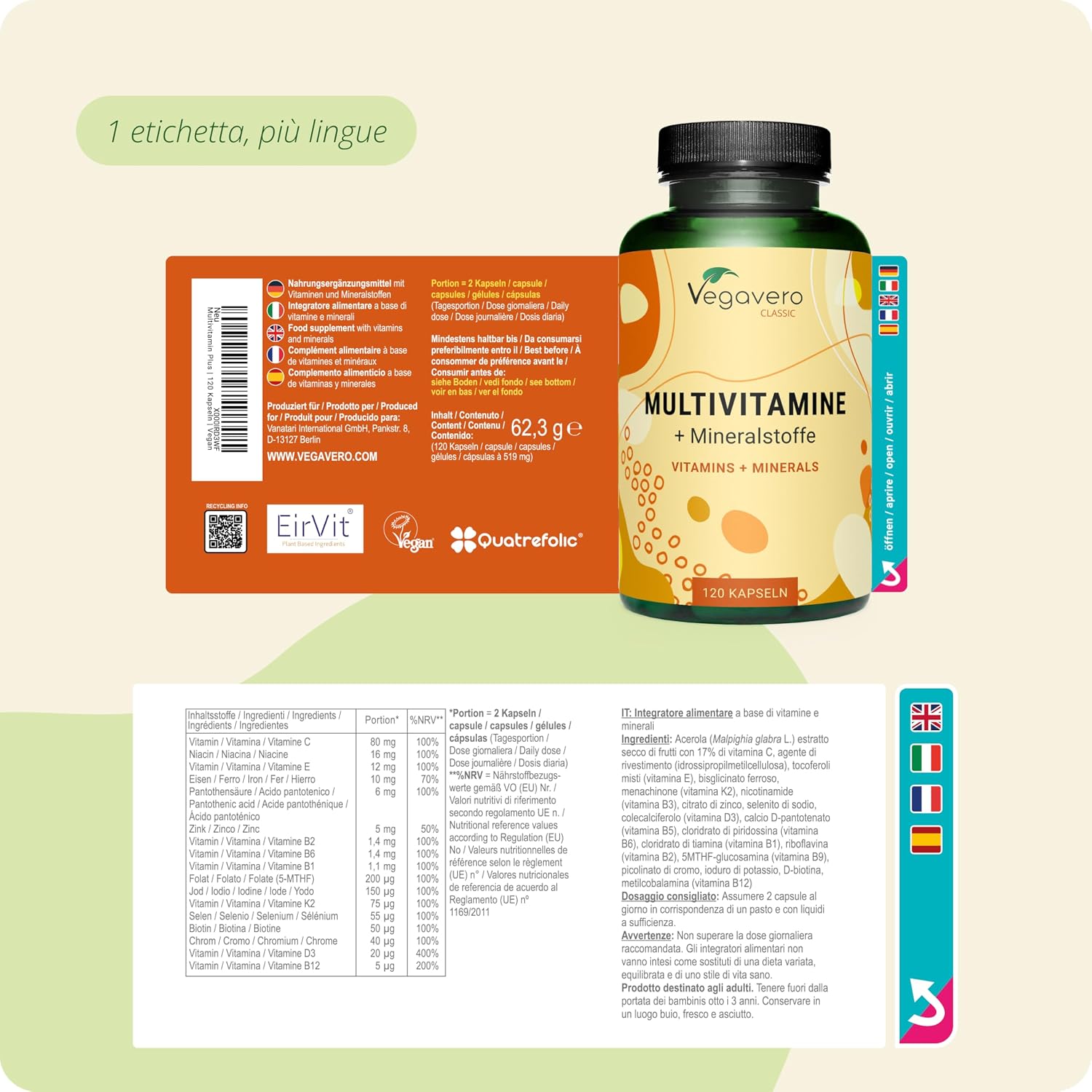 Detalle de MULTIVITAMINICO Multiminerale Vegavero® – Senza additivi, vegan e di qualità tedesca