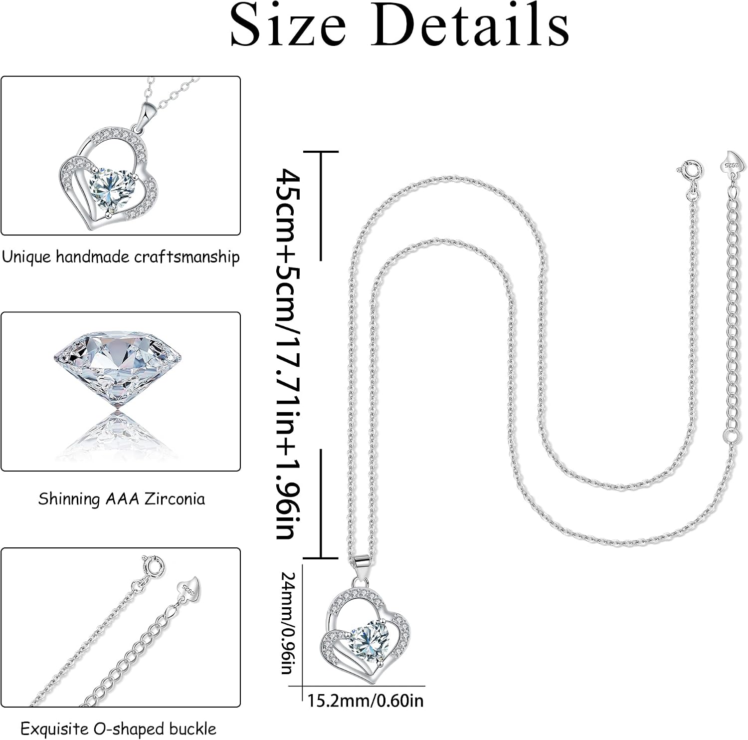 Detalle 2 de J.MOULING Damen Halskette aus 925 Sterling Silber mit Doppelherz-Anhänger & 3A Zirkonia