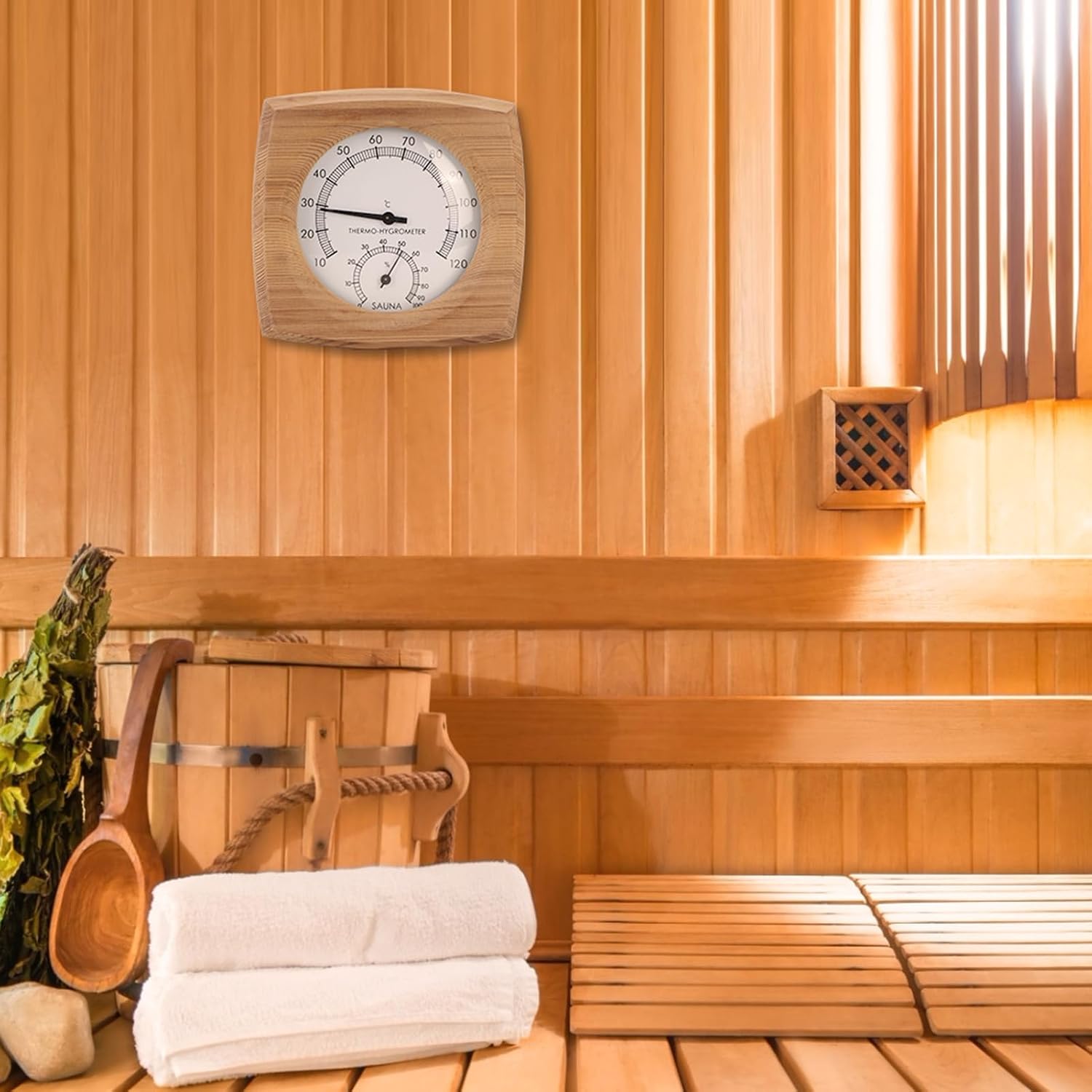 Detalle de HEEPDD HEEPDDrkpgc0i43t bastutermometer och hygrometer i cederträ