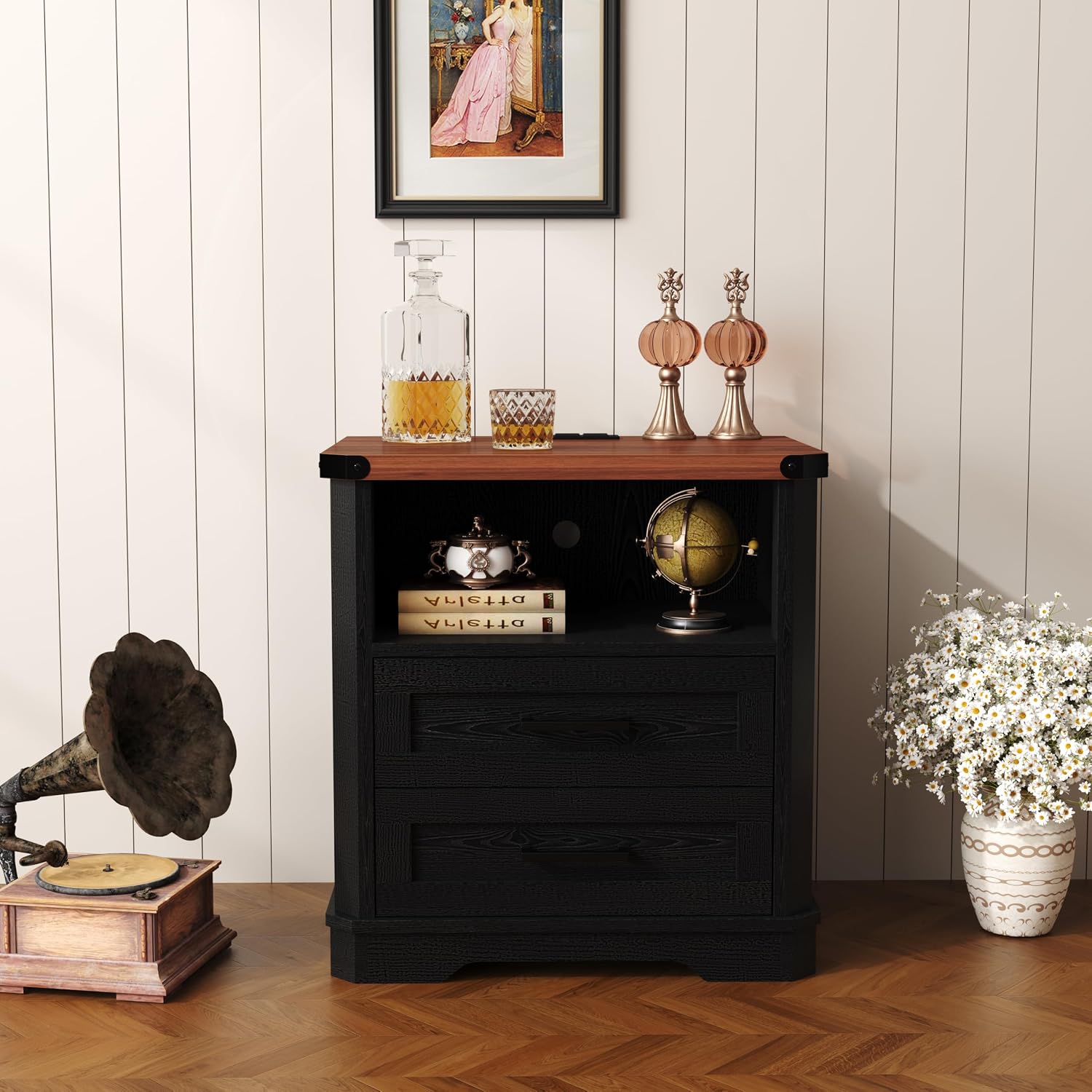 Detalle 2 de Yusong Nightstands Antique Black Farmhouse Nightstand with Charging Station