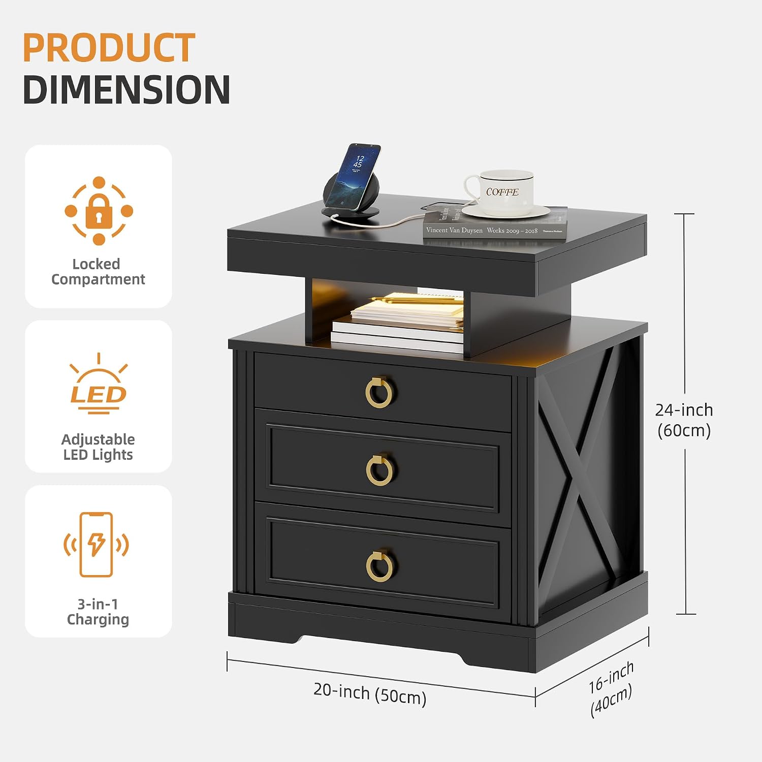 Thumbnail 1 de Gurexl LED Bedside Table with Gun Drawer: USB-C, Wireless Charging, and Motion-Activated Lighting