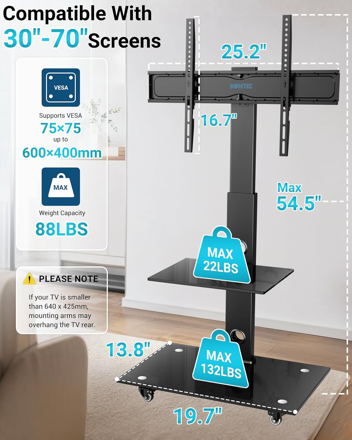Thumbnail 1 de BONTEC mobiele tv-standaard met wielen, voor 30–70 inch, tot 40 kg