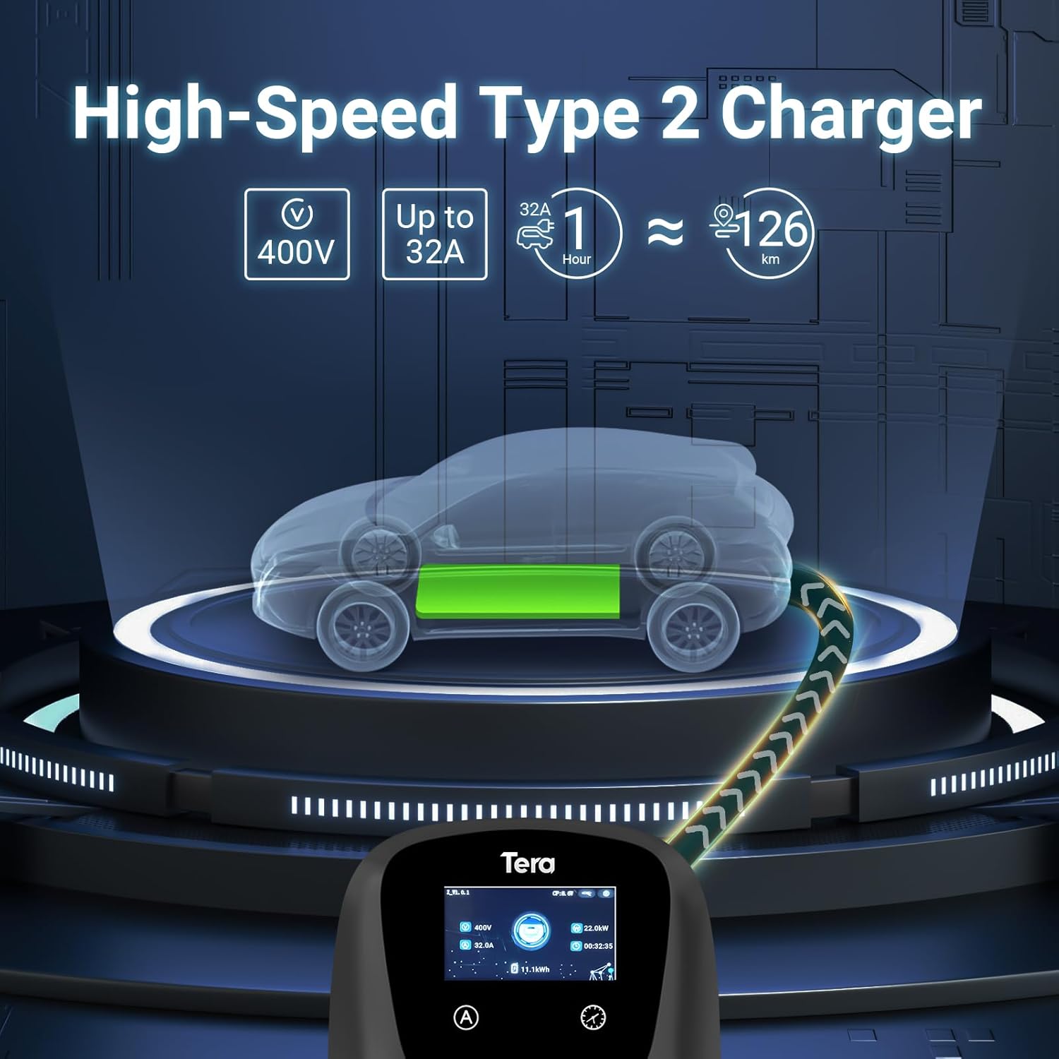 Detalle de Tera EV W01 caricabatterie wallbox Tipo 2 32A 7 m ⚡