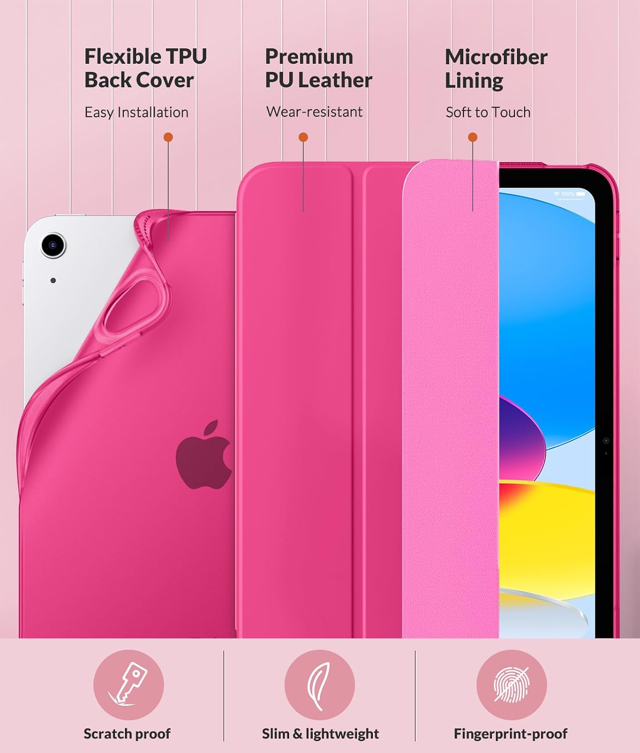 Detalle de MoKo Case for New iPad (A16) 11th Gen 2025 / 10th Gen 2022 – Frosted Translucent Back, Adjustable Angles, Bright Pink