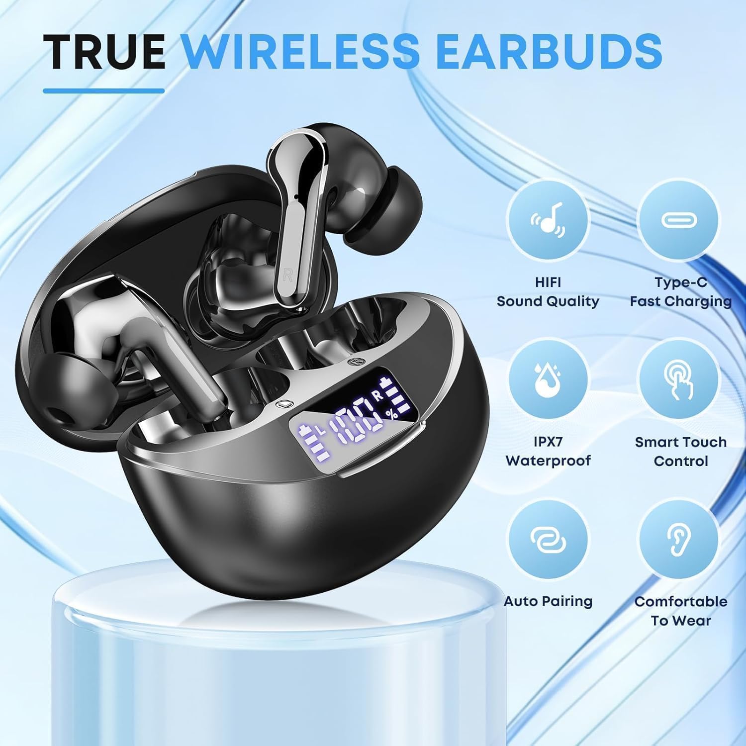 Detalle de Fhumsh i17 Wireless Earbuds, Bluetooth 5.4, LED Display and IPX7 Water Resistance