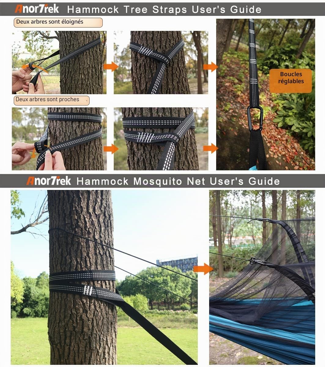 Detalle de AnorTrek Camping Hamac avec moustiquaire et bâche de pluie – Double, nylon 210T, avec sangles et tarp imperméable