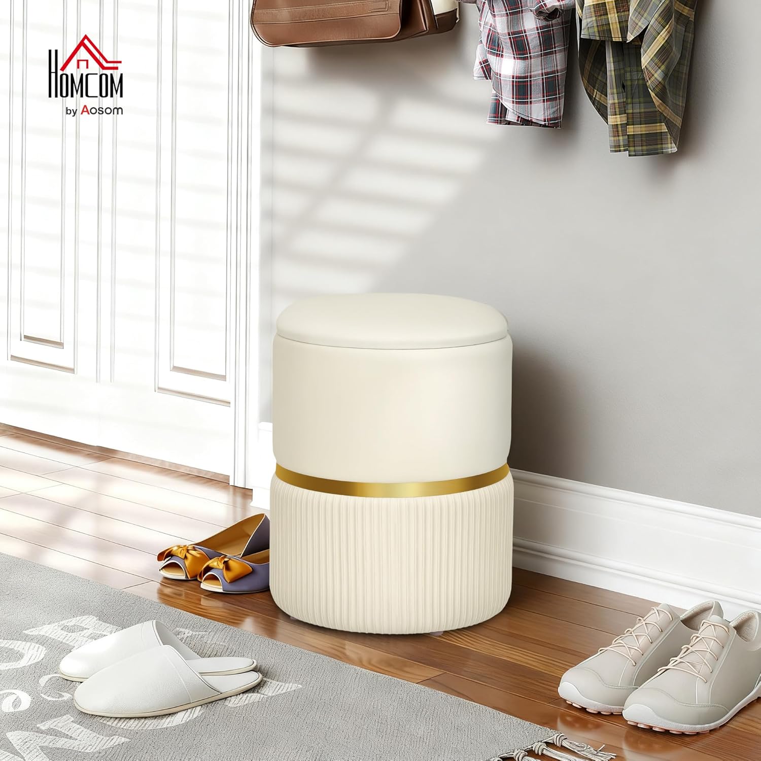 Thumbnail 1 de HOMCOM Pouf Tabouret Repose-Pied avec Coffre de Rangement en Velours côtelé Beige – 36 x 36 x 44 cm
