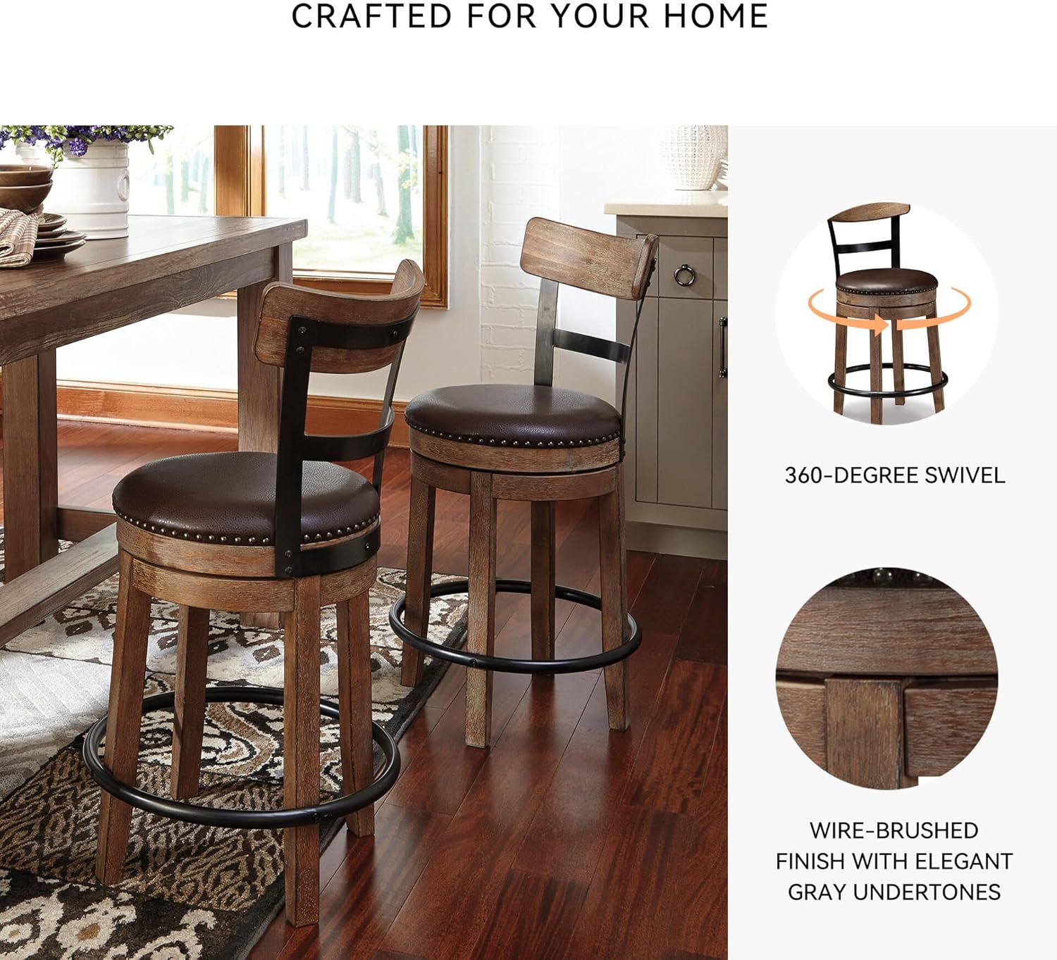 Detalle de Signature Design by Ashley Pinnadel Bar Stool: Counter-Height Swivel with Faux Leather Seat