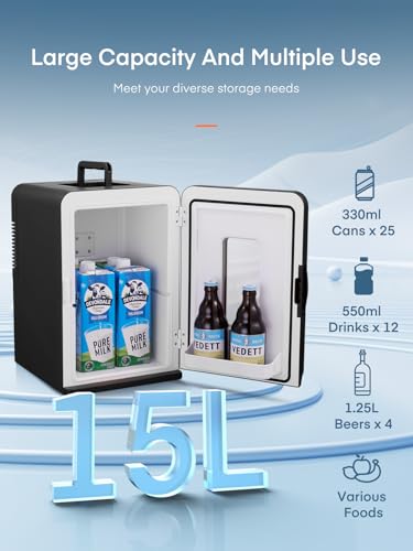 Detalle de FOHERE Mini Nevera Portátil 15L: Frío/Calor, 12V/220V, Silenciosa para cosméticos y snacks