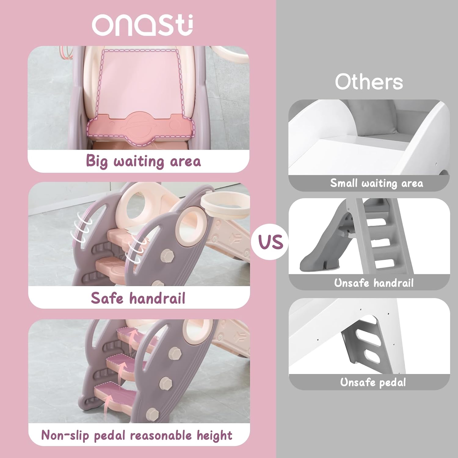 Detalle de Onasti Kids Slide for Toddlers: Freestanding, Foldable Indoor/Outdoor Playset with Climber, Basketball Hoop & Ring Toss (Pink)