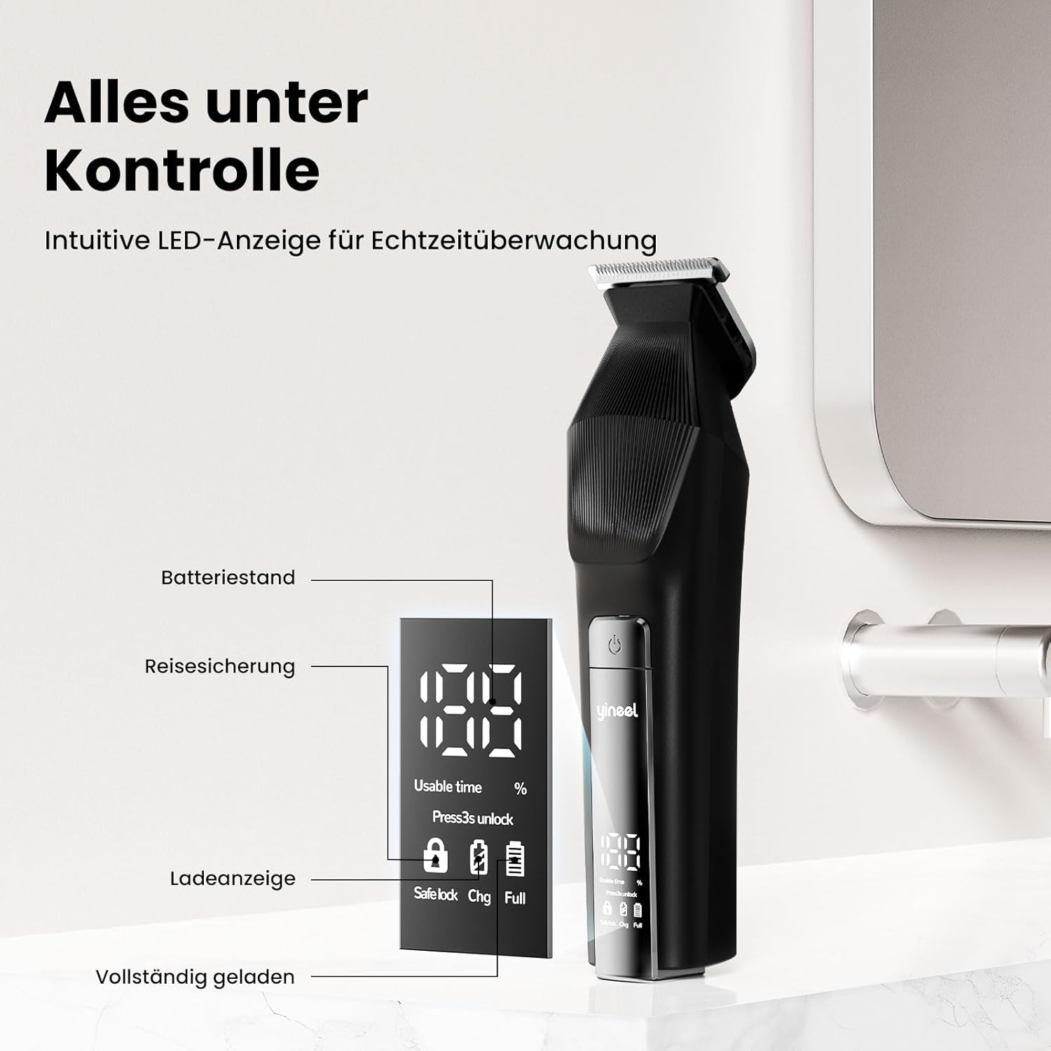 Detalle de Yineel 6-in-1 Haarschneidemaschine & Barttrimmer-Set für Herren (IPX7, USB‑C, 6 Aufsätze)