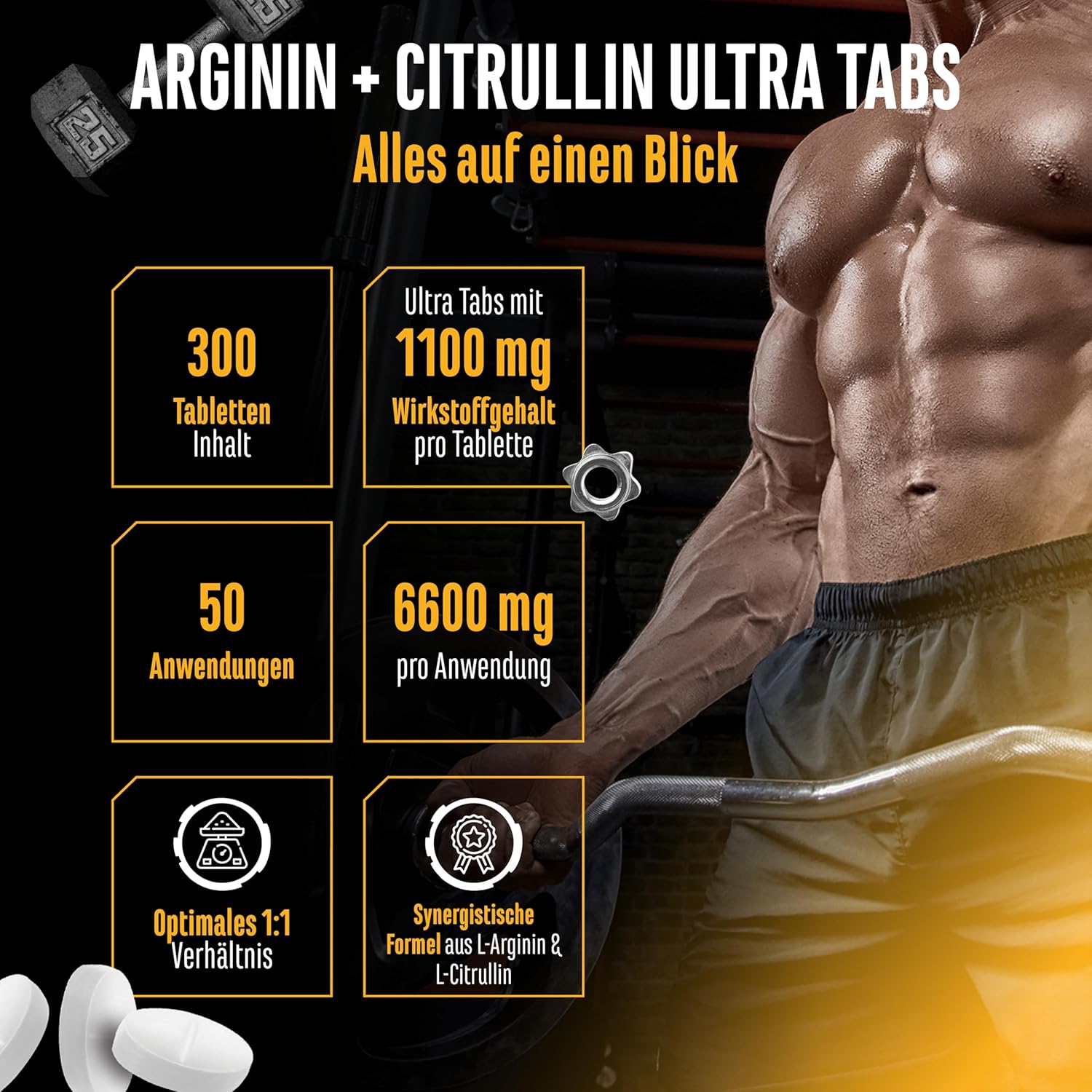 Thumbnail 1 de L-Arginin + L-Citrullin Ultra Tabs – Hochdosierte Vegane Kombi mit 300 Tabletten (1100 mg pro Tablette)