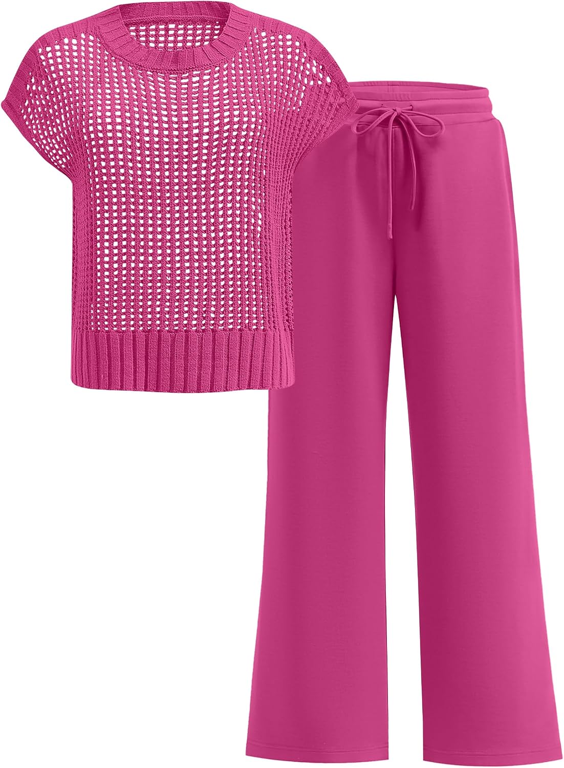 Detalle de ANRABESS Women Two Piece Crochet Knit Set: Sheer Top and Wide-Leg Pants