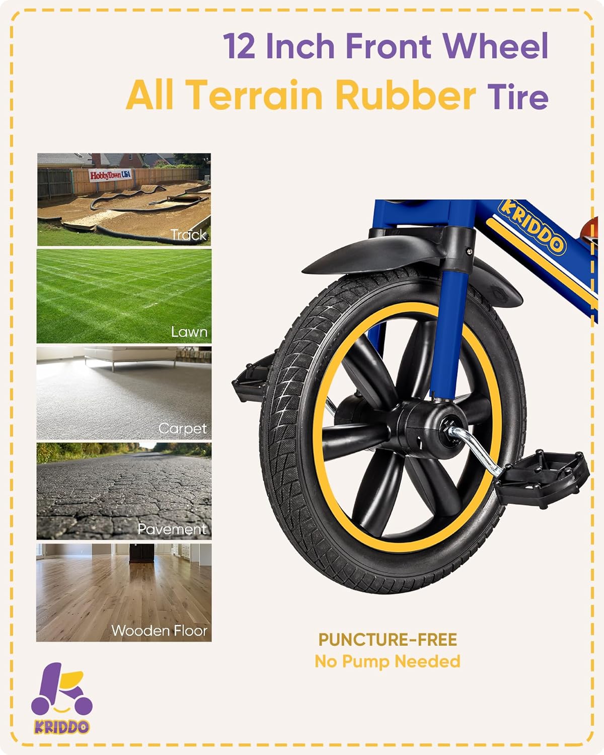 Thumbnail 5 de KRIDDO Kids 12 Inch Tricycle with Puncture-Free Wheels, Front Light & Adjustable Seat (Blue)