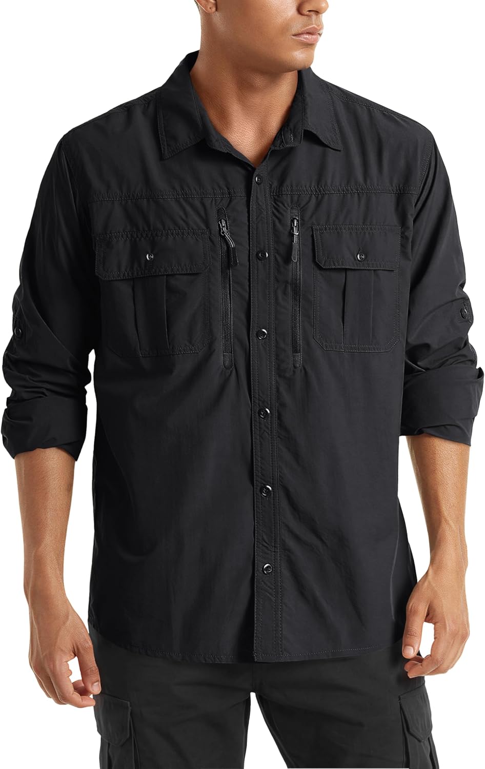 Detalle de TACVASEN Men's Tactical Button Shirt, Quick-Dry, UV Protection, Long Sleeve