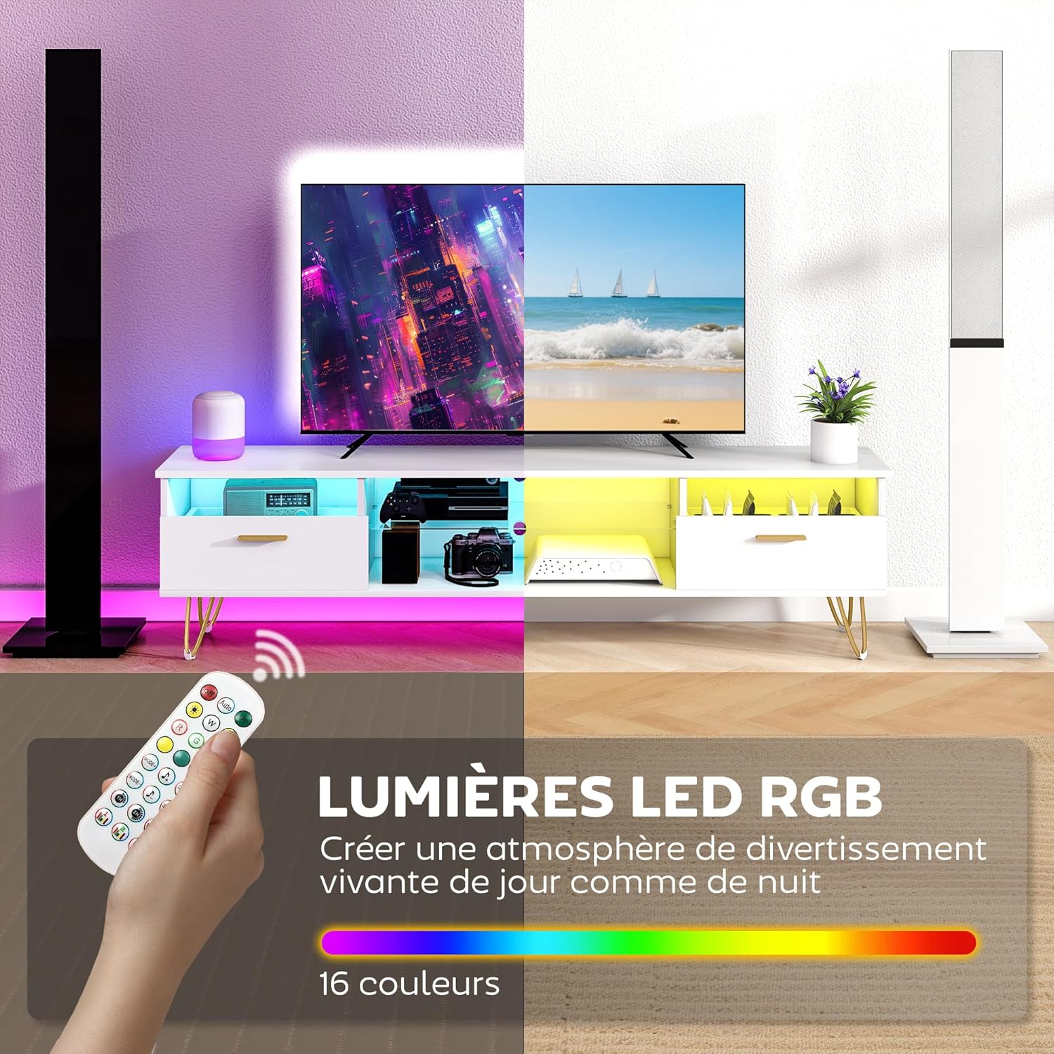 Thumbnail 2 de HOMCOM Meuble TV Blanc avec LED RGB à 16 couleurs, 160 cm – Éclairage d’ambiance et rangement moderne pour TV 42–120 pouces