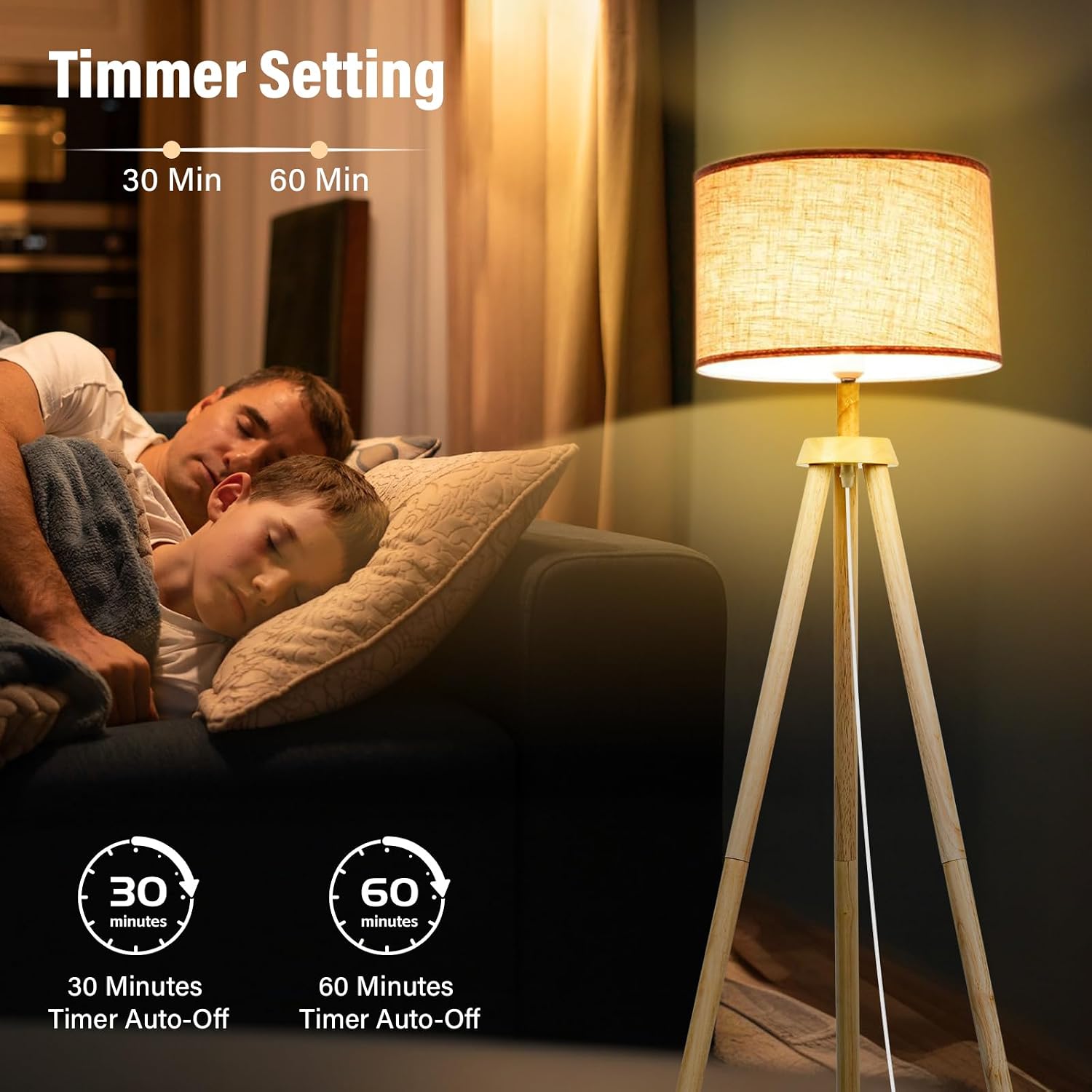 Detalle de NIKYJM Lámpara de Pie Trípode de Madera con Bombilla E27 12W: 3 Colores y Control Remoto