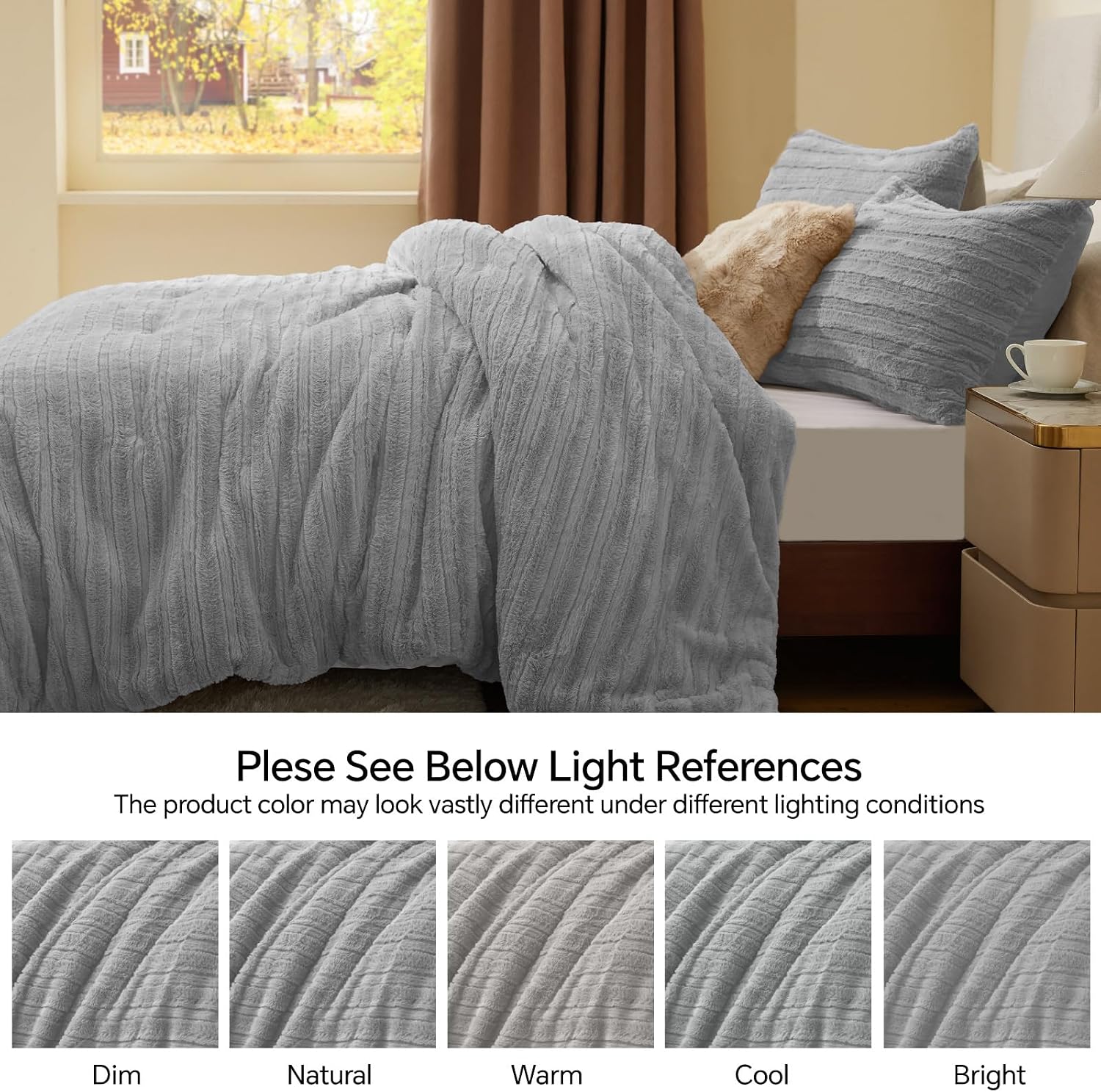 Thumbnail 6 de BEDELITE Faux Fur King Comforter Set, Light Gray Striped Plush Design