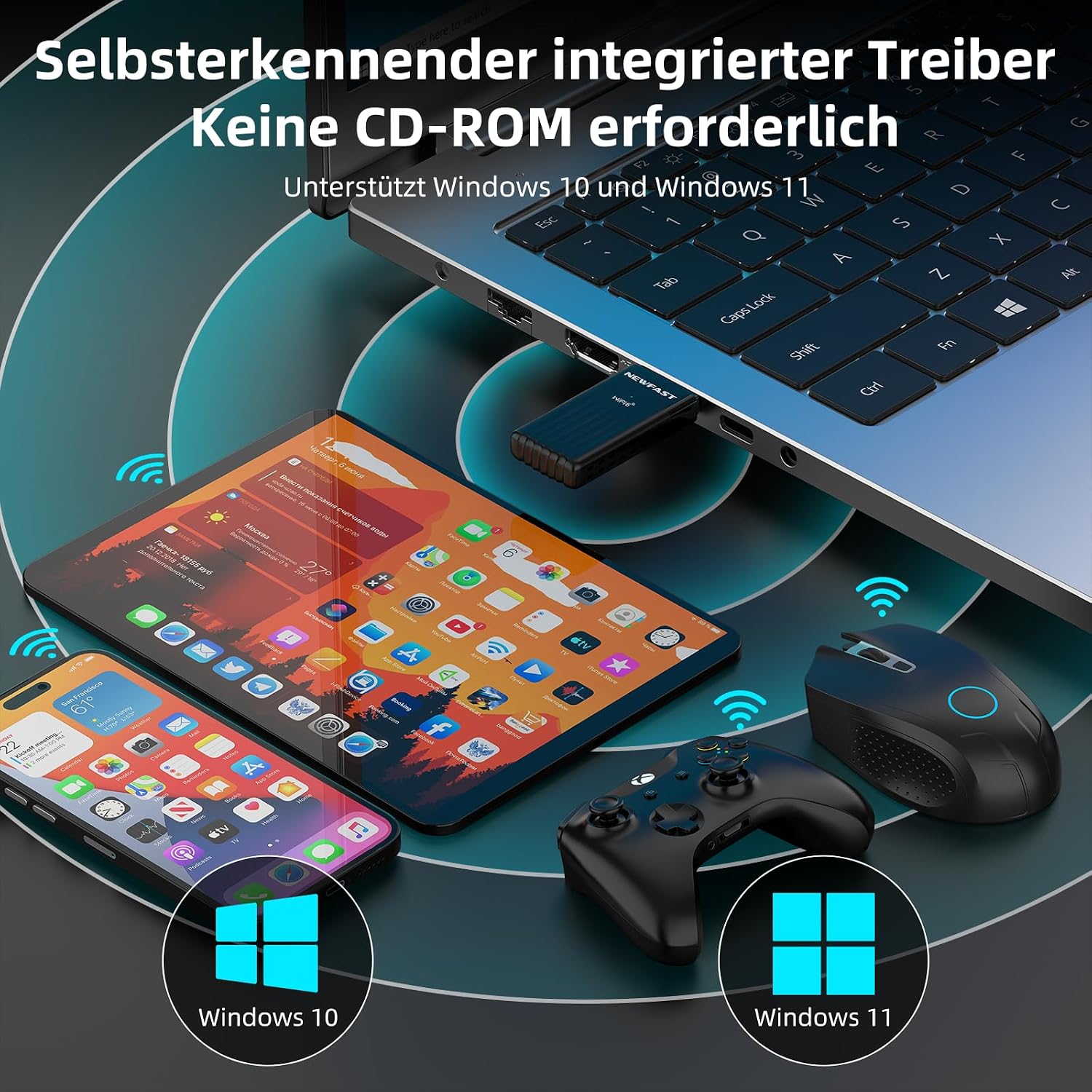 Detalle de NEWFAST USB 3.0 WLAN Stick für PC – 3000Mbps WiFi 6 Adapter, Dual‑Band, WPA3, MU‑MIMO, 5dBi Antennen, Windows 10/11