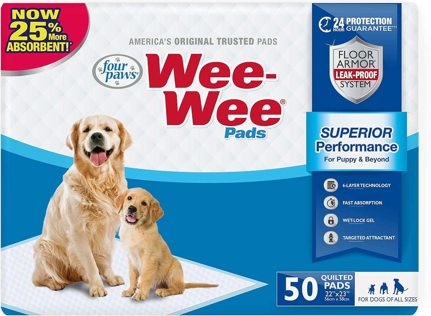 Detalle de Four Paws Wee Wee Pads – podkłady dla szczeniąt, 5 warstw, 58 × 56 cm, 50 szt.