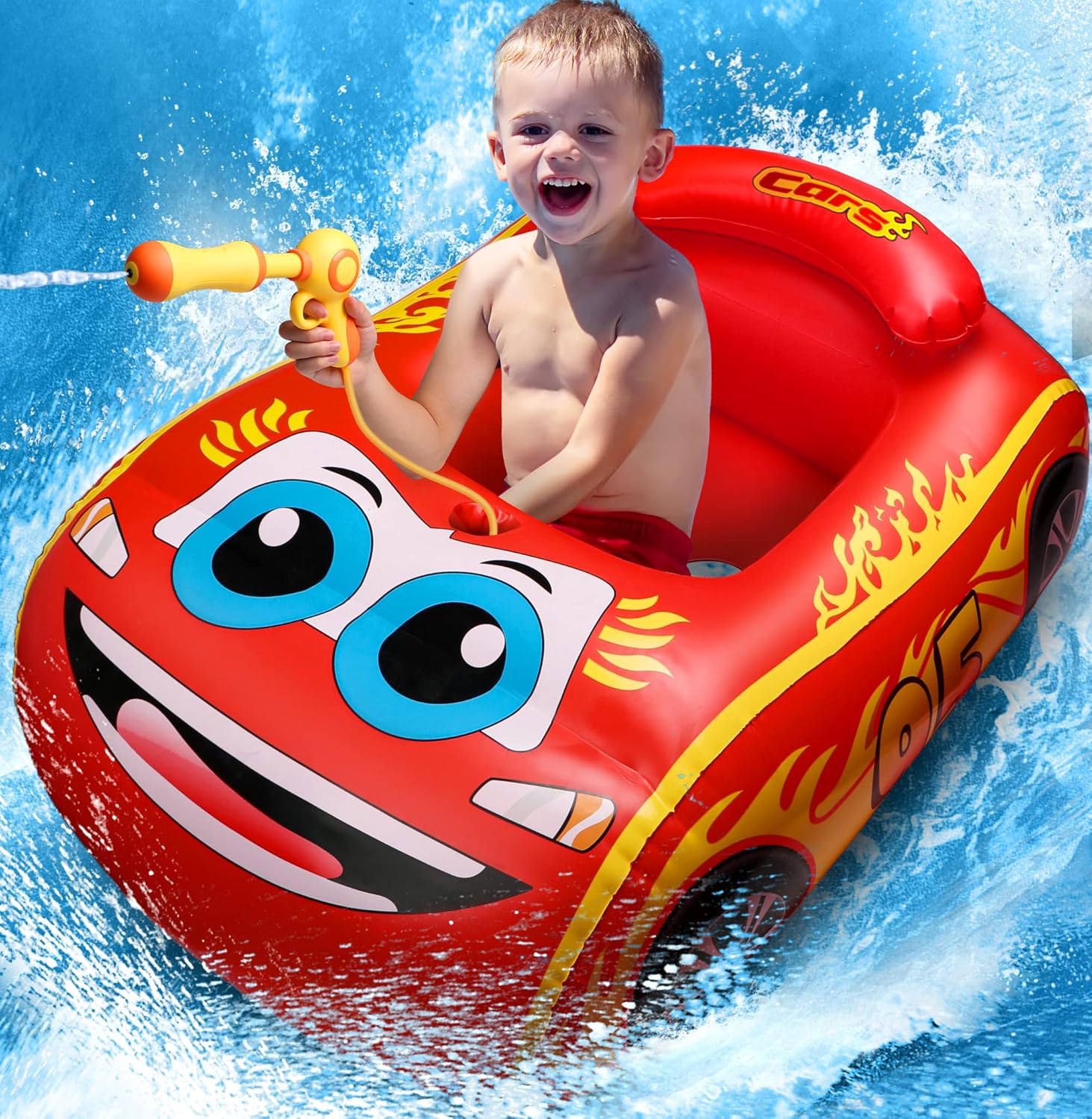 Detalle de HopeRock Kids Pool Float with Water Gun — Inflatable Car Ride-on for Ages 3–8 (Red)