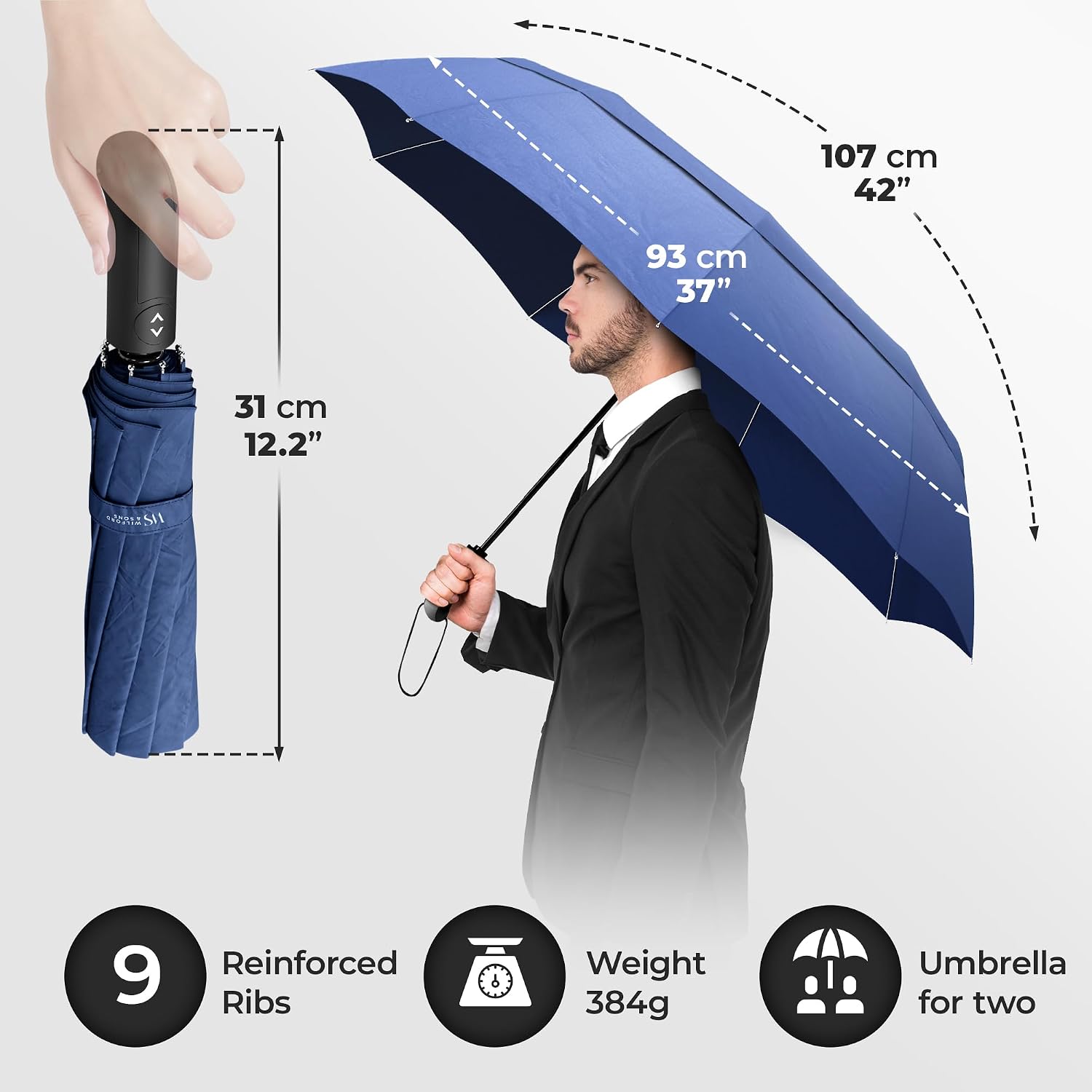 Thumbnail 4 de Umbrella Windproof Compact Automatic Double-Canopy Travel Brolly with Teflon coating (Teflon Blue) – Auto Open/Close