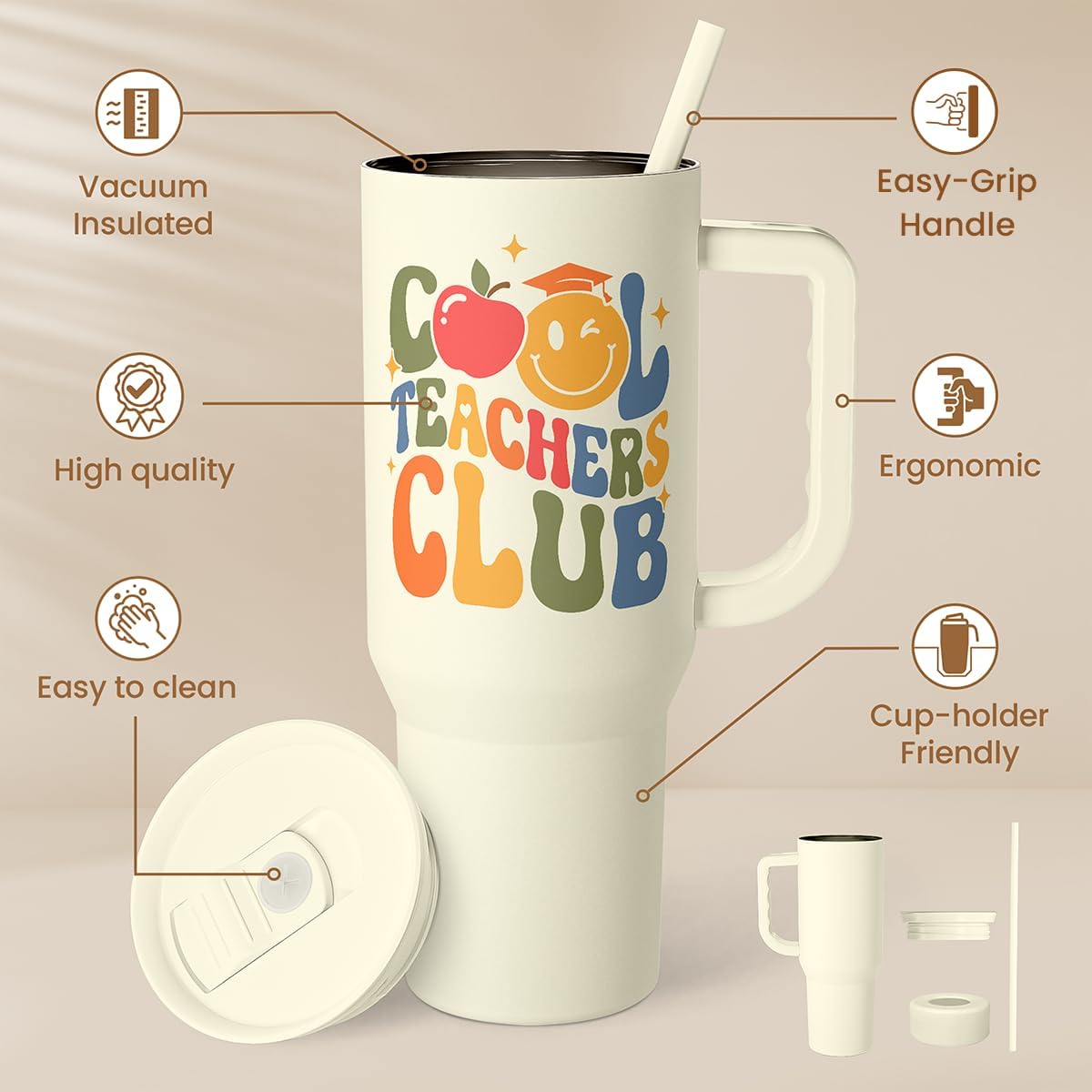 Detalle de Cool Teacher Club Tumbler 40oz Stainless Steel Insulated Coffee Travel Cup with Handle