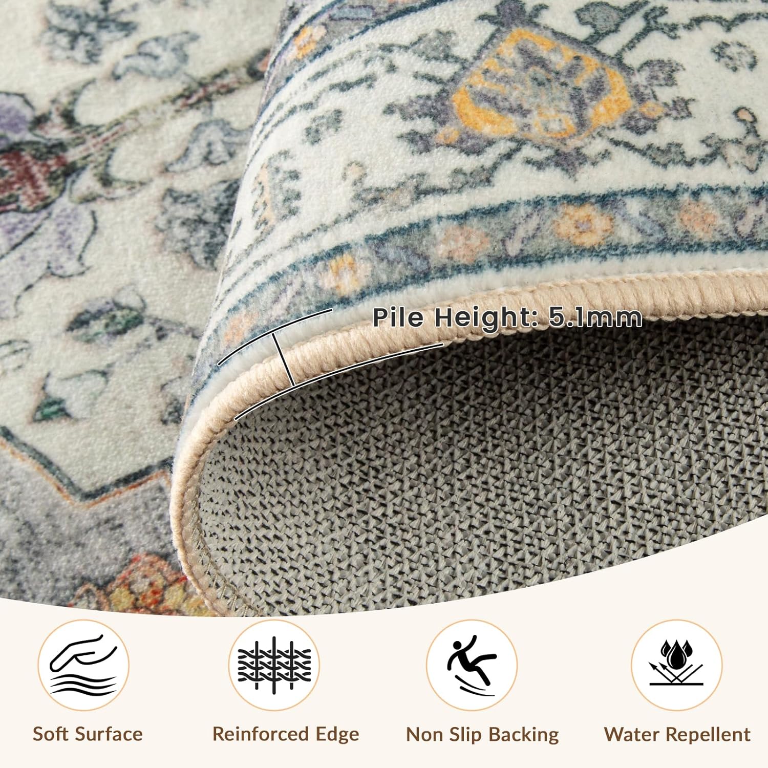 Thumbnail 1 de INOVADAY Machine Washable Vintage Low Pile Area Rug, 180x270 cm (Yellow/Grey/Orange/Purple)