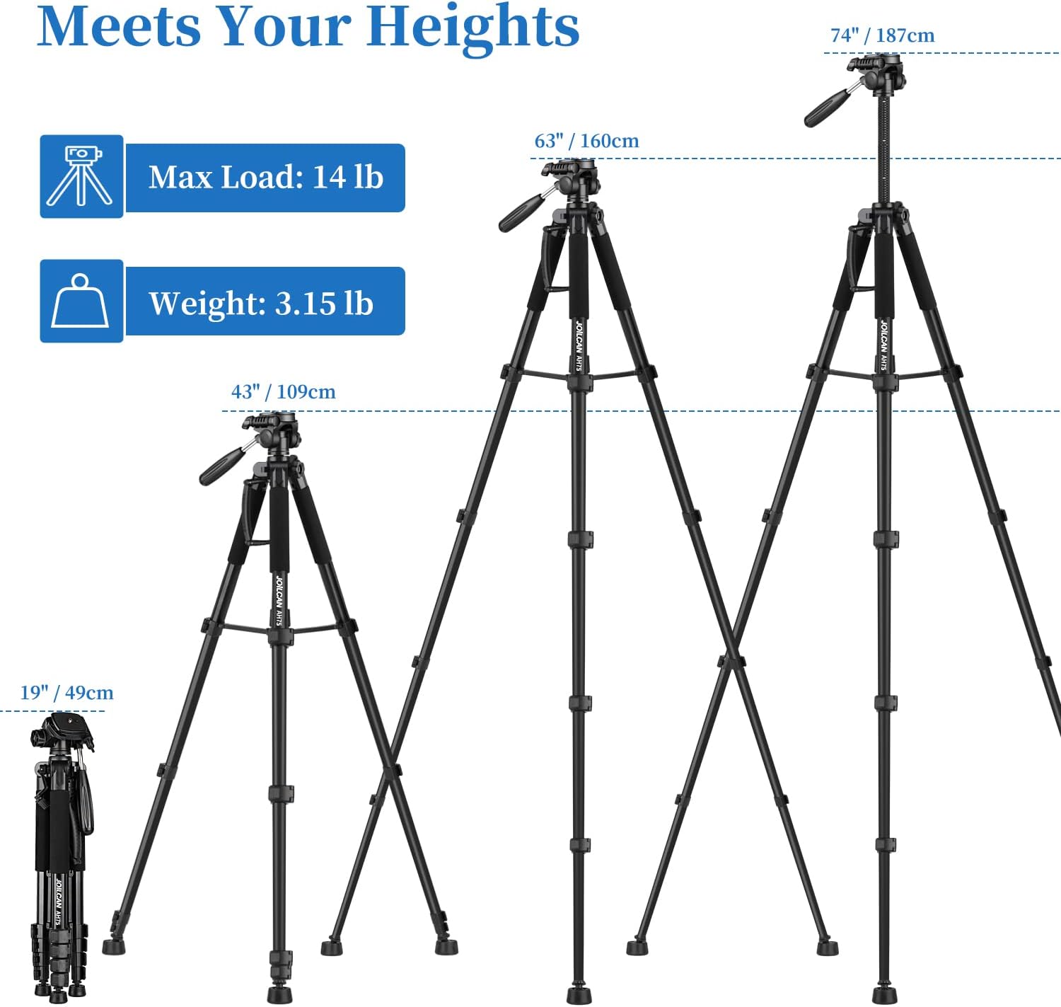 Thumbnail 1 de JOILCAN 74" Camera Tripod 188cm, 14 lb capacity