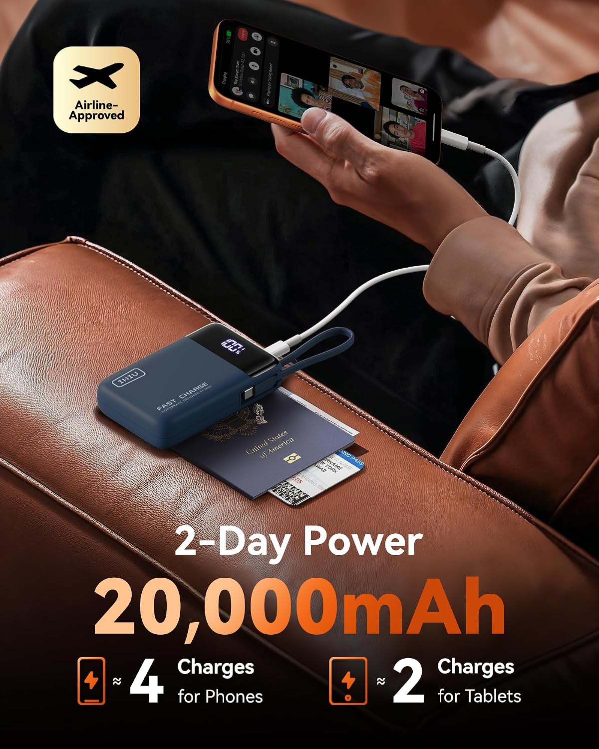 Detalle de INIU 45W powerbank med 20 000 mAh och inbyggd USB-C-kabel, blå