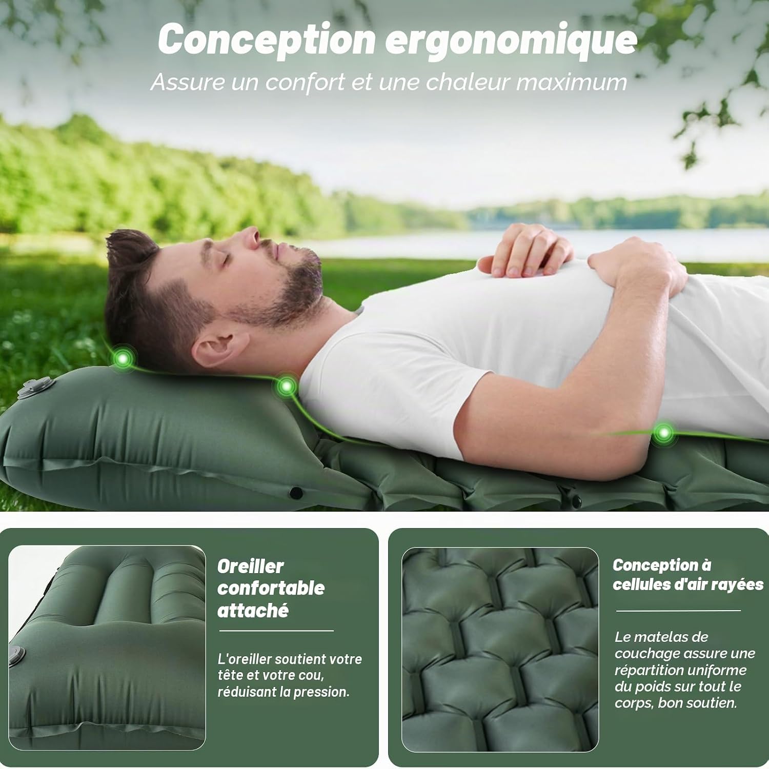 Detalle de Matelas Gonflable 1 Place JATEKA avec Pompe à Pied et Oreiller – Design réversible et léger