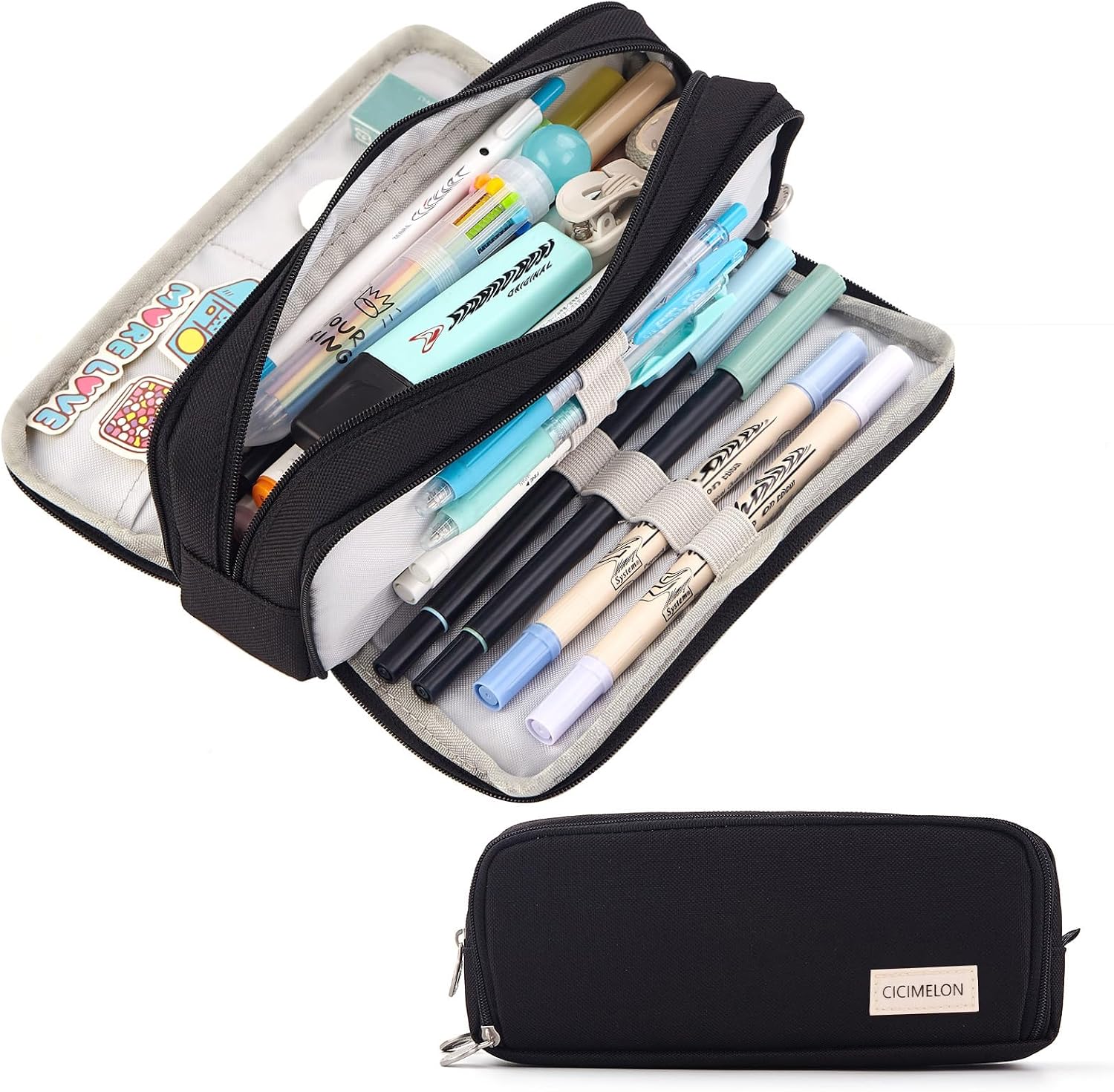 Detalle de CICIMELON Large Capacity 3-Compartment Pencil Case, Black