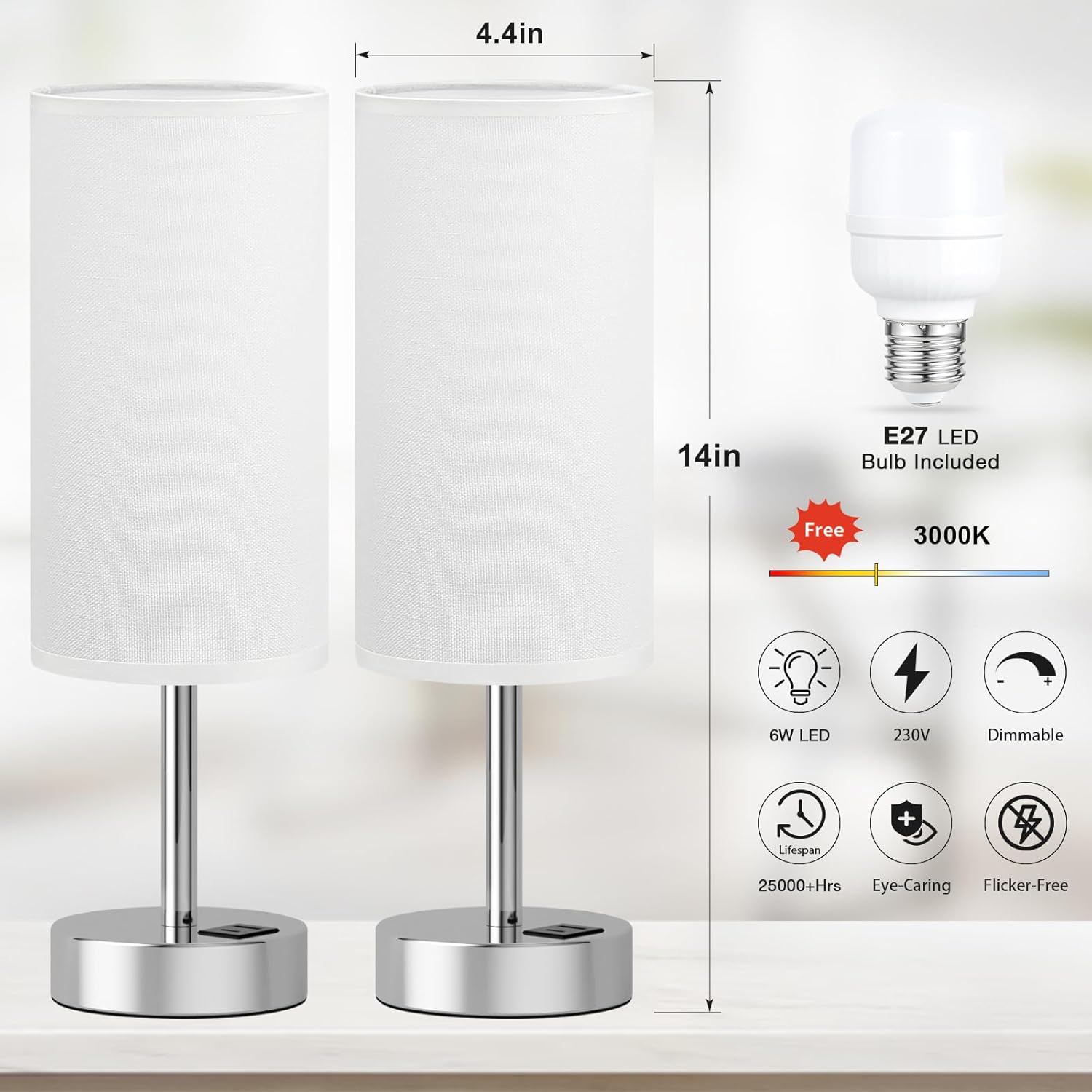 Thumbnail 6 de Aooshine Touch Bedside Lamps Set of 2 – Dimmable, with White Shade and Silver Base (Bulbs Included)