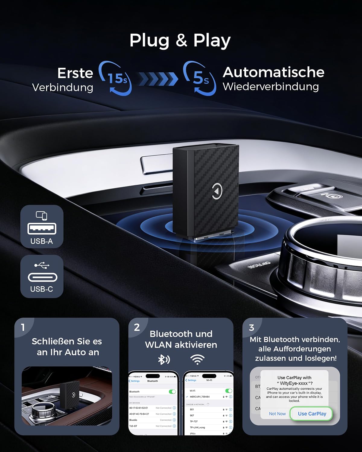 Thumbnail 3 de WityEye 2 In 1 CarPlay und Android Auto Wireless Adapter – kabellos, stabil und kompatibel
