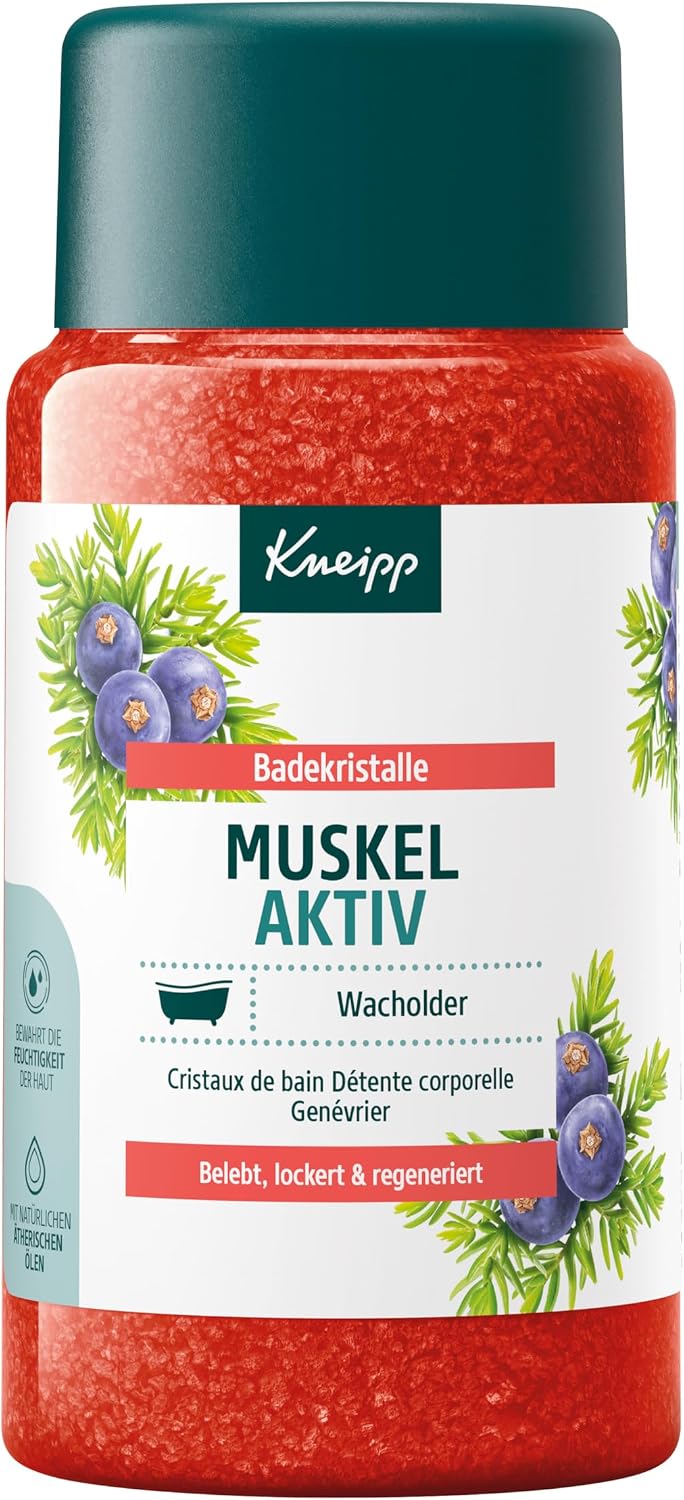 Detalle de Kneipp Riparazione sportiva con cristalli da bagno, olio essenziale di ginepro, rosmarino – 600 g