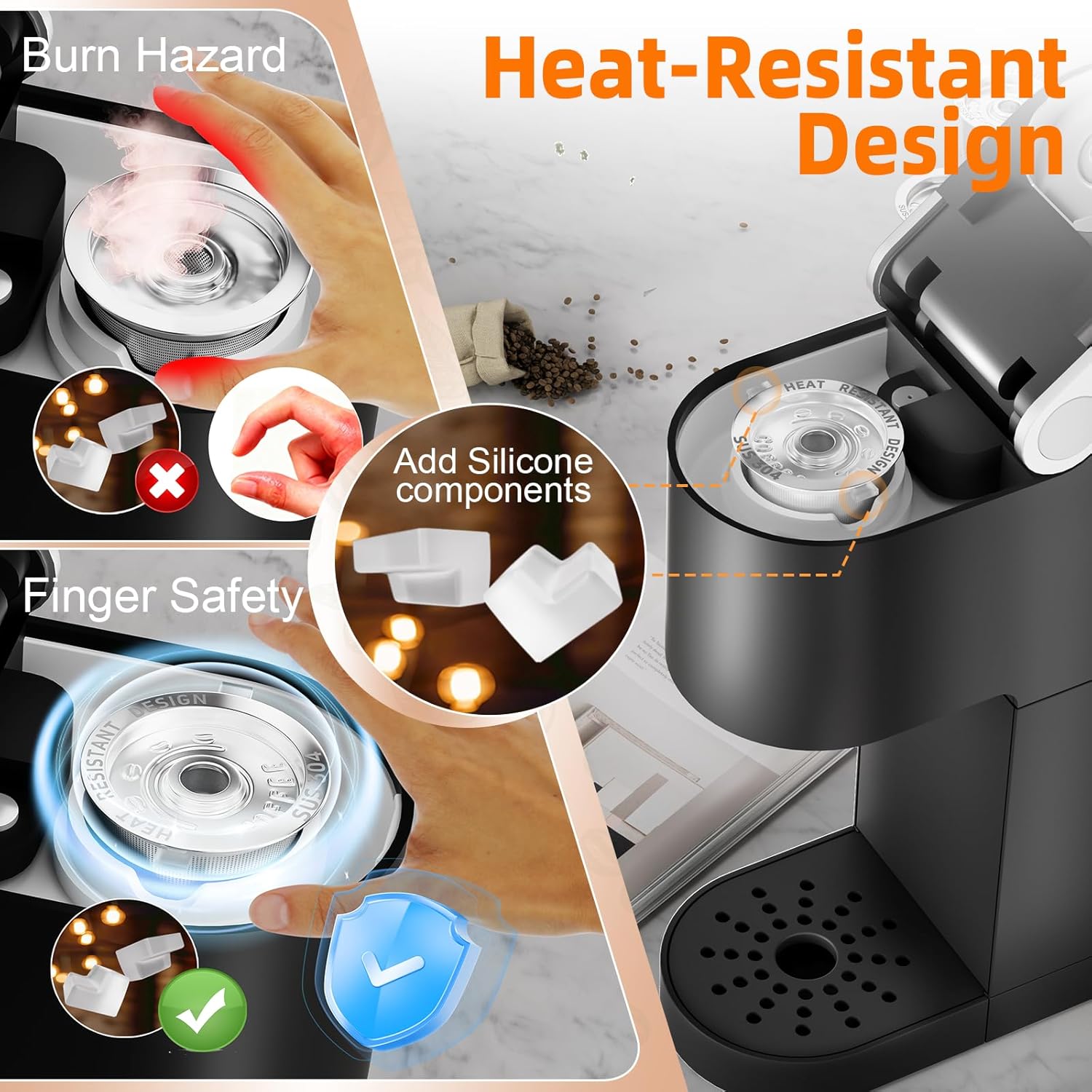 Detalle de 2 Pack Reusable K Cups Coffee Pods for Keurig Single Hole Machine - All Stainless Steel (SUS 304), BPA-Free, Heat-Resistant Handles