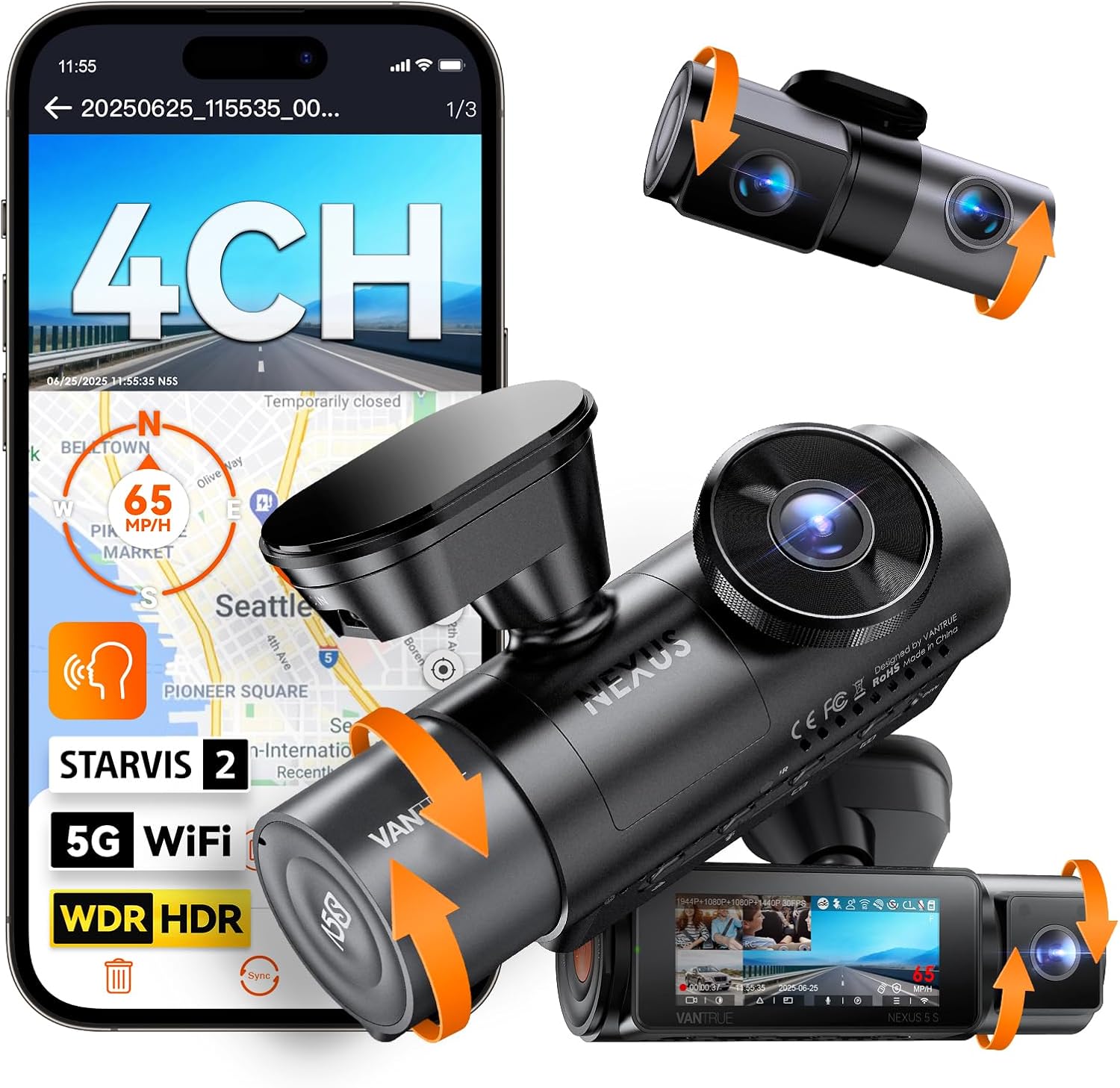Detalle de Vantrue N5S 4-Channel 360° Dash Cam with 2.7K Front + Dual GPS, 24/7 Buffered Parking Mode, and Voice Control