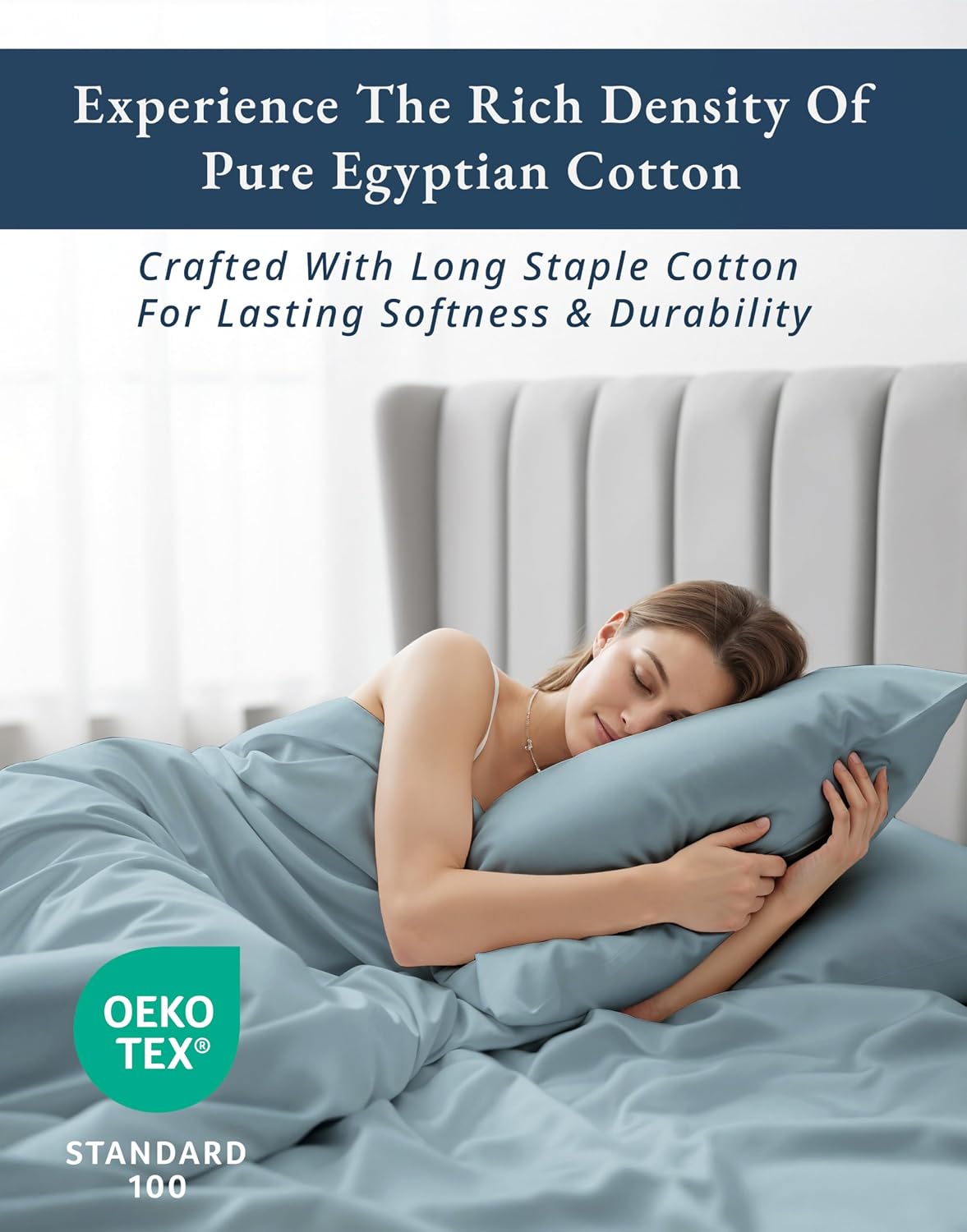Detalle de 100% Egyptian Cotton Queen Size Sheet Set — Naturally Breathable & Ultra-Soft, French Blue with 15" Deep Pocket