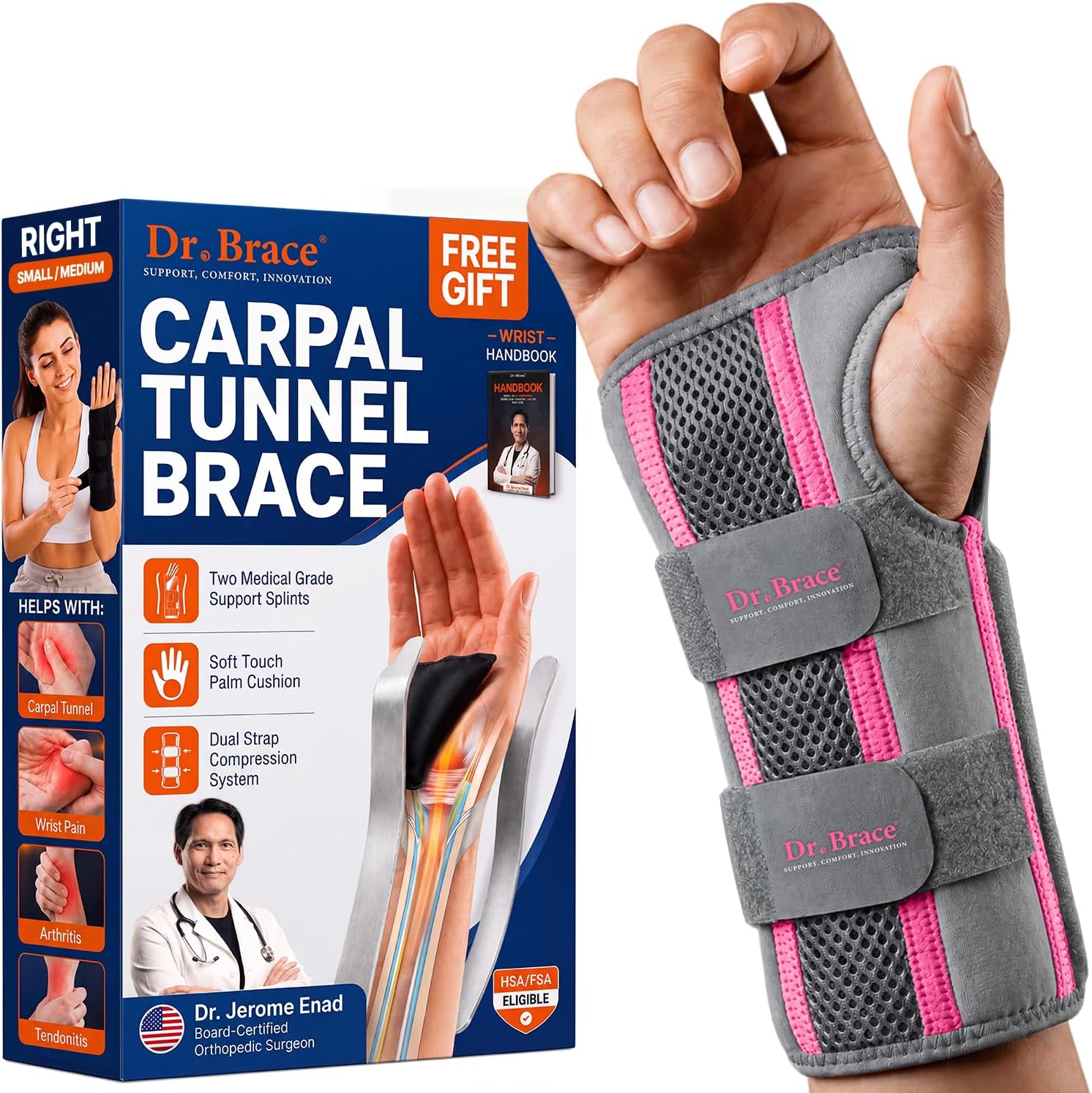 Imagen de DR. BRACE Day & Night Wrist Brace, Right Hand, S/M, Grey-Pink en OfertitasTOP