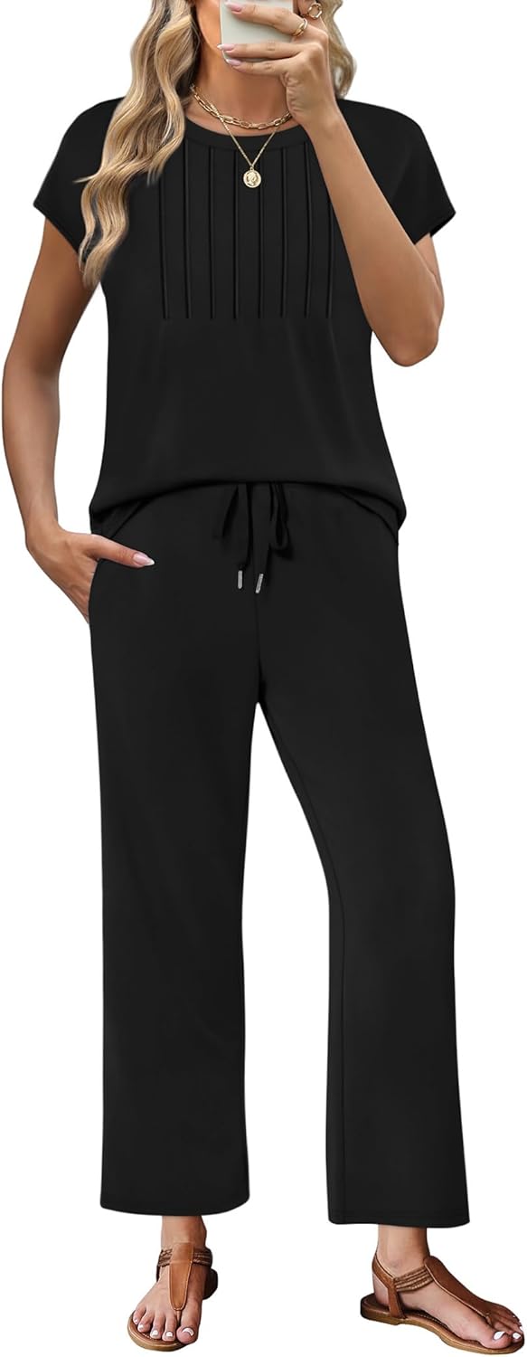 Thumbnail 2 de Sampeel Two-Piece Lounge Set for Women: Cap Sleeve Pleated Top & Cropped Wide-Leg Pants