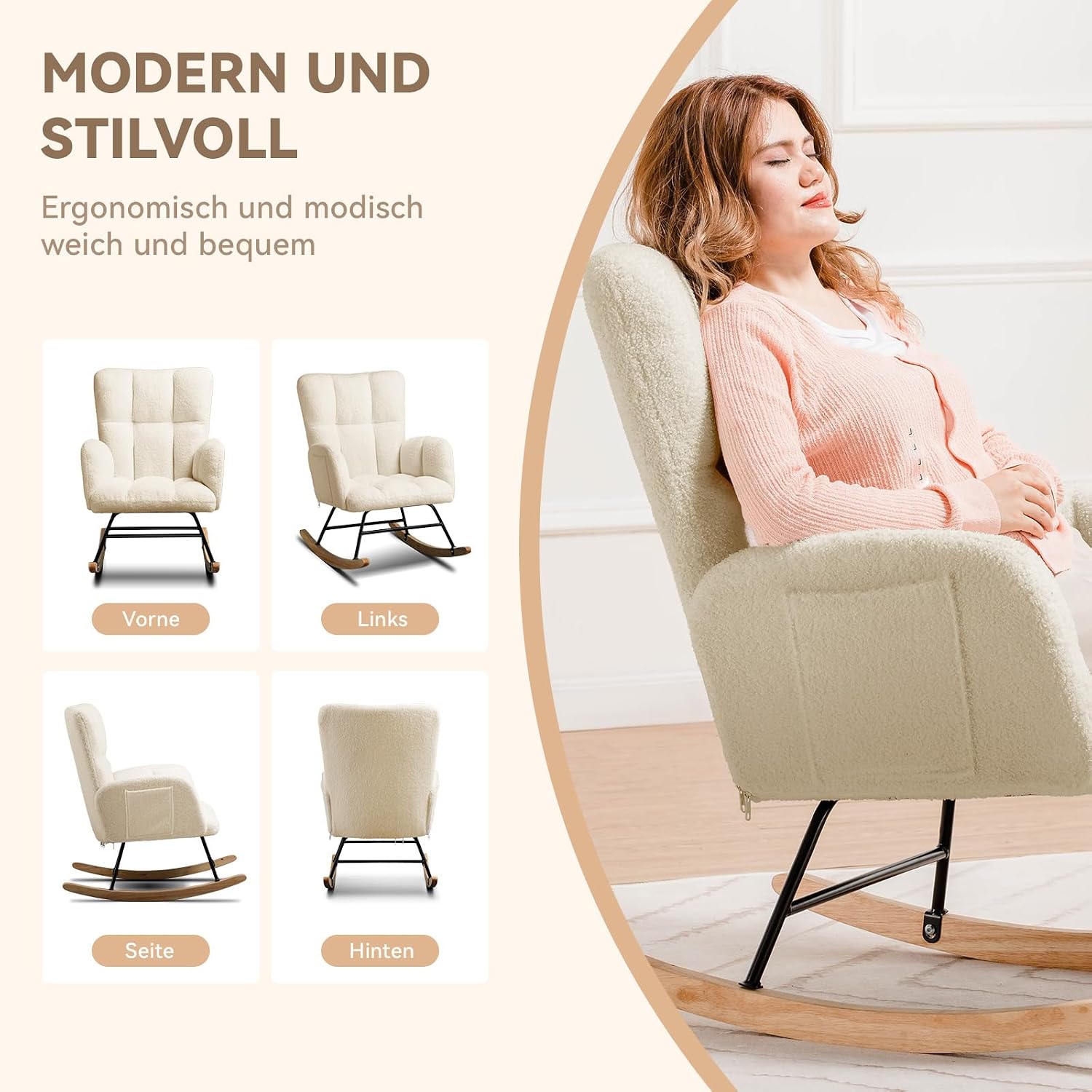 Detalle 1 de COMHOMA H003 Rocking Chair, Beige Plush Upholstery, Wingback Design