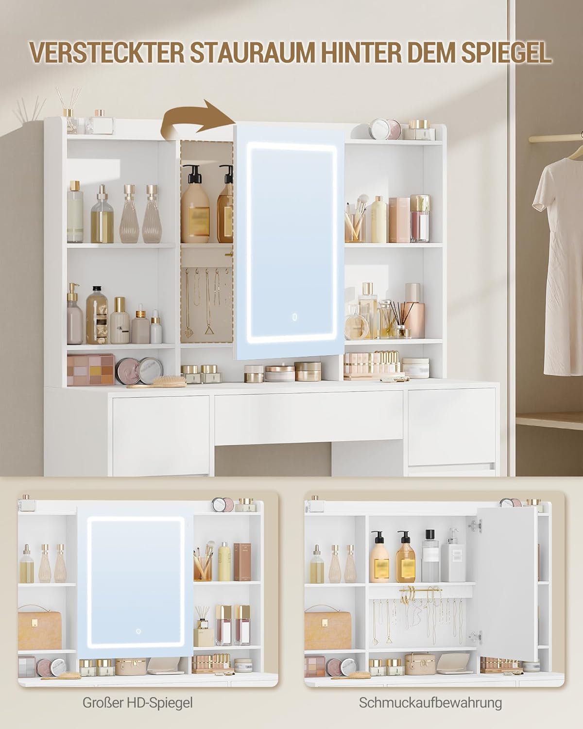 Thumbnail 2 de Hzuaneri Schminktisch mit Beleuchtung DT43203XEU – Großer HD-Spiegel, 7 Schubladen, 4 Ablagen, verstellbare LED-Beleuchtung, Weiß